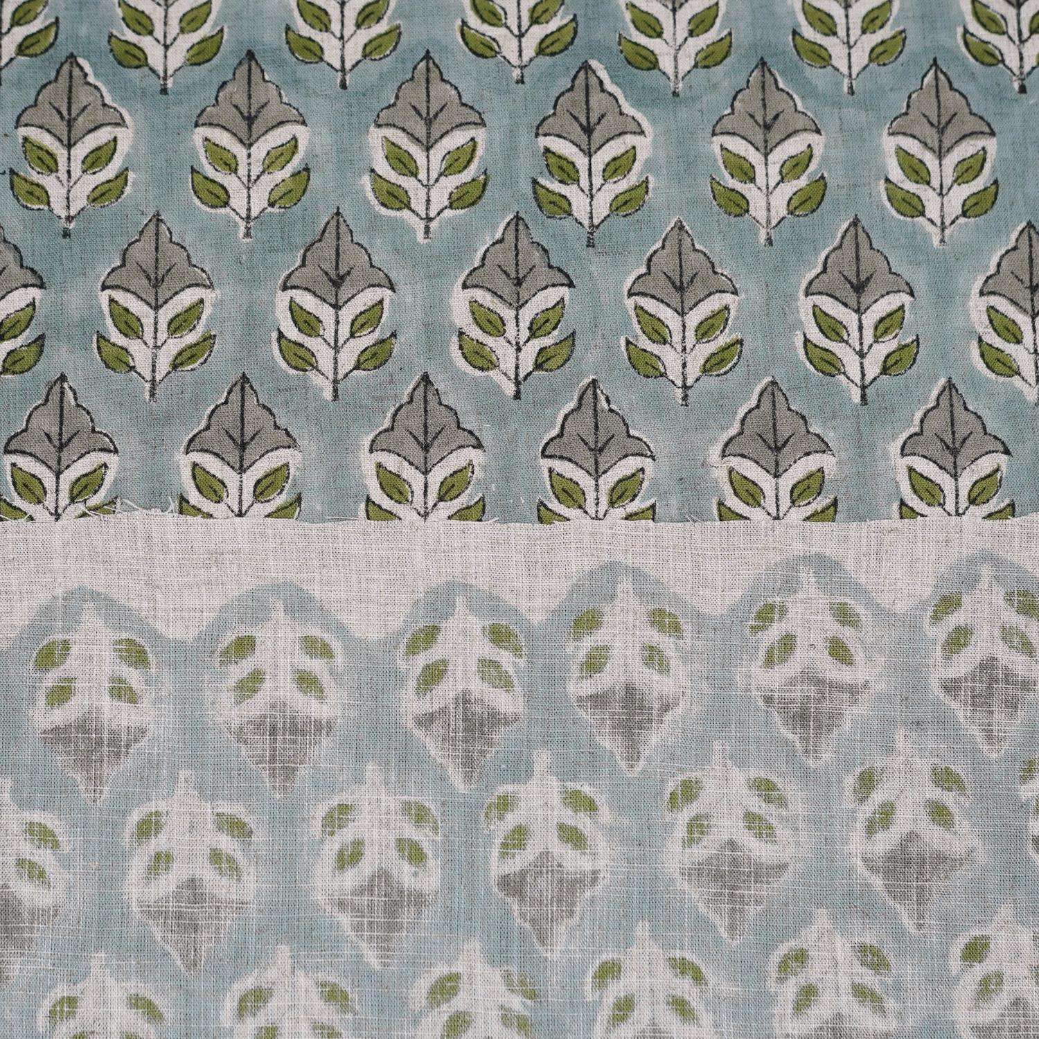 HANDMADE BLOCK PRINTED FLORAL GRAY & GREEN NATURAL VISCOSE LINEN FABRIC - MAYUR