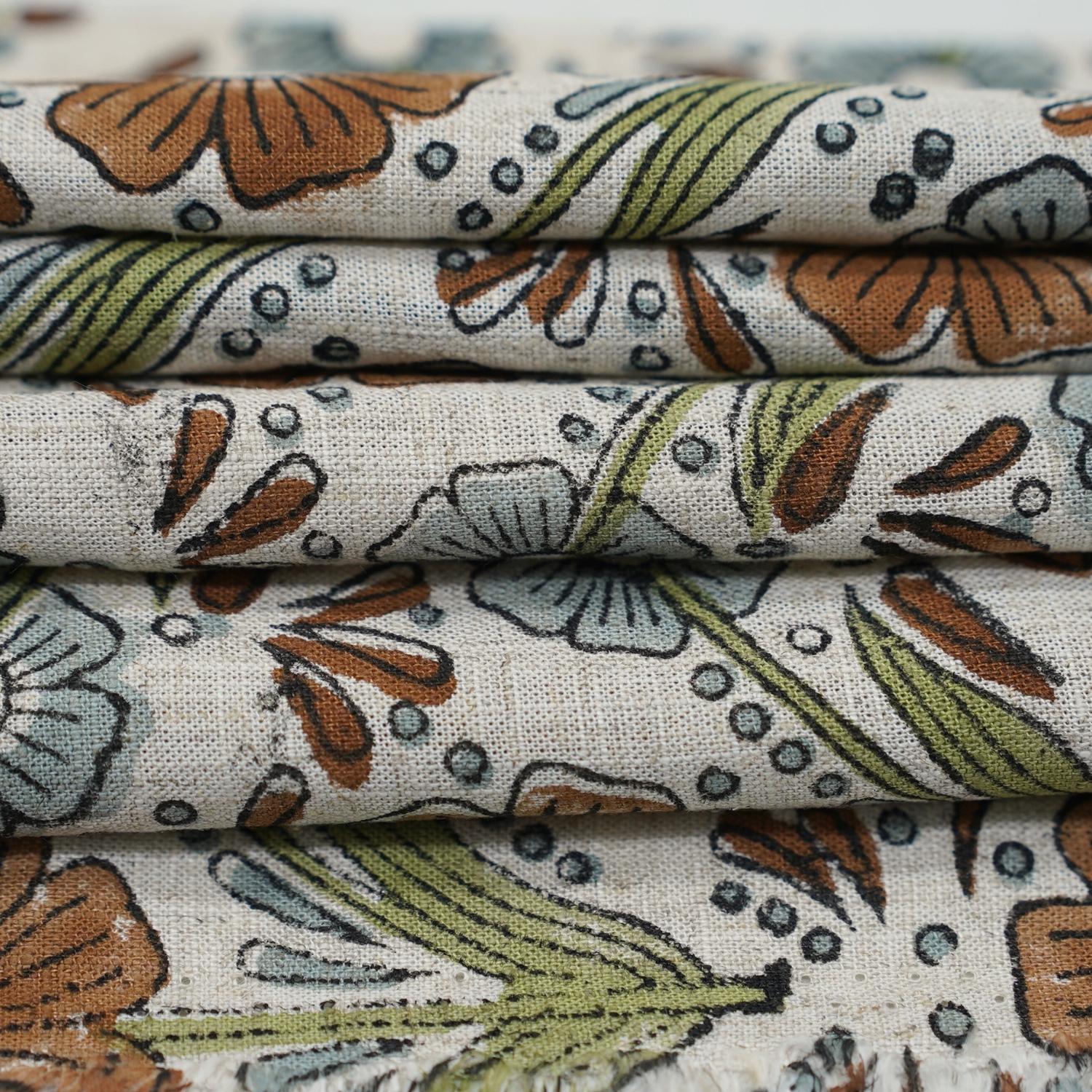 VISCOSE LINEN NATURAL FABRIC HAND BLOCK PRINT FLORAL HANDMADE LINEN - VANSHIKA