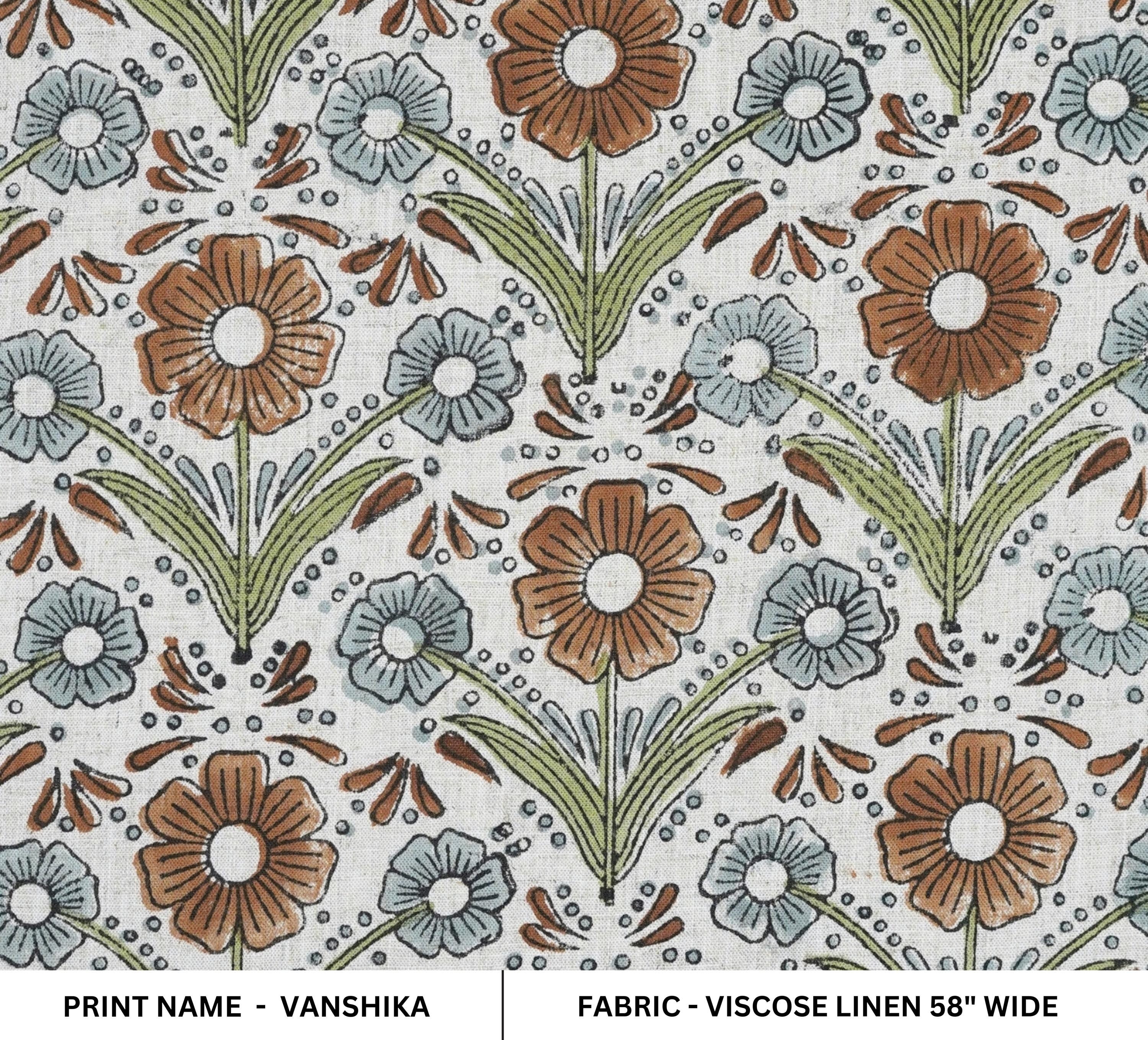 VISCOSE LINEN NATURAL FABRIC HAND BLOCK PRINT FLORAL HANDMADE LINEN - VANSHIKA