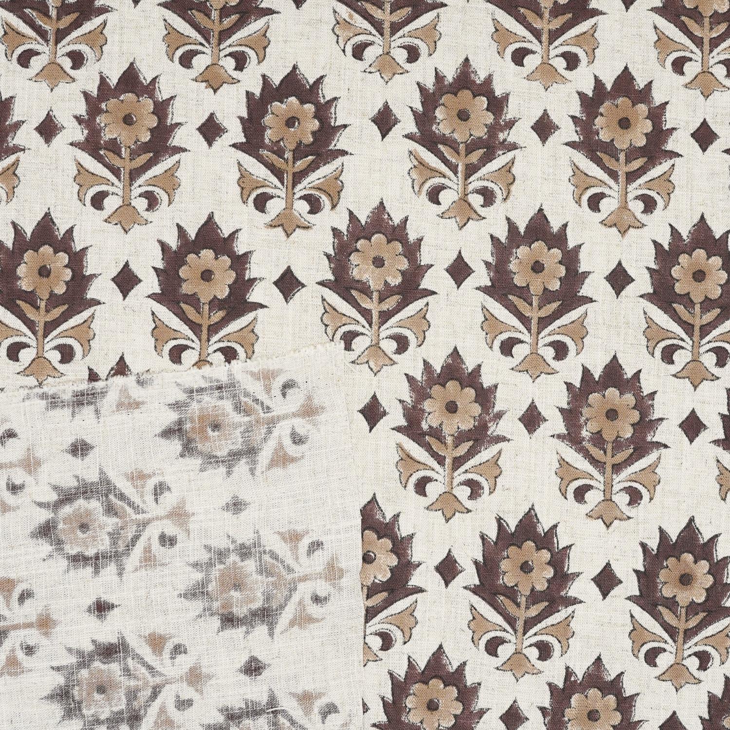 HANDBLOCK PRINTED THROW UPHOLSTERY VISCOSE LINEN BROWN AND BEIGE FLORAL FABRIC - KUSUM