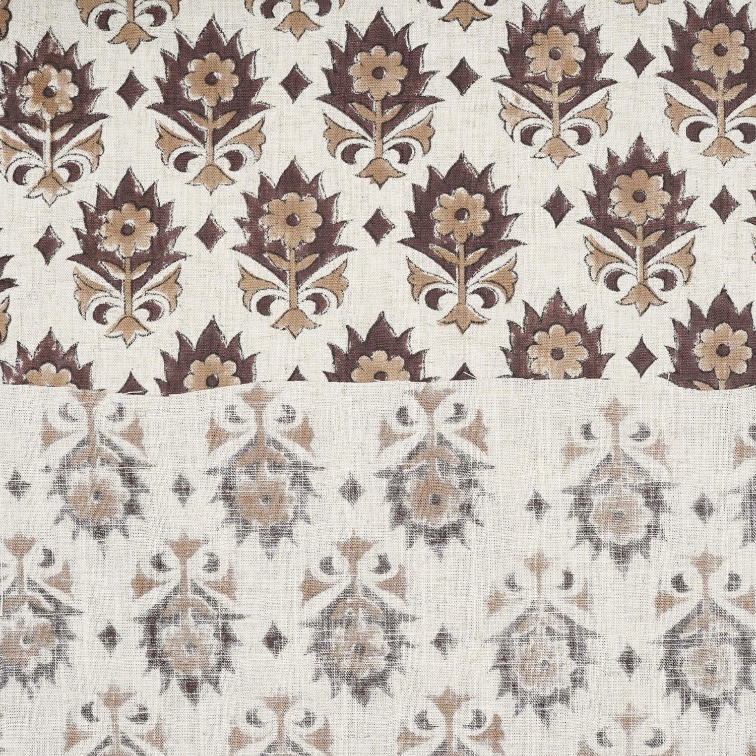 HANDBLOCK PRINTED THROW UPHOLSTERY VISCOSE LINEN BROWN AND BEIGE FLORAL FABRIC - KUSUM
