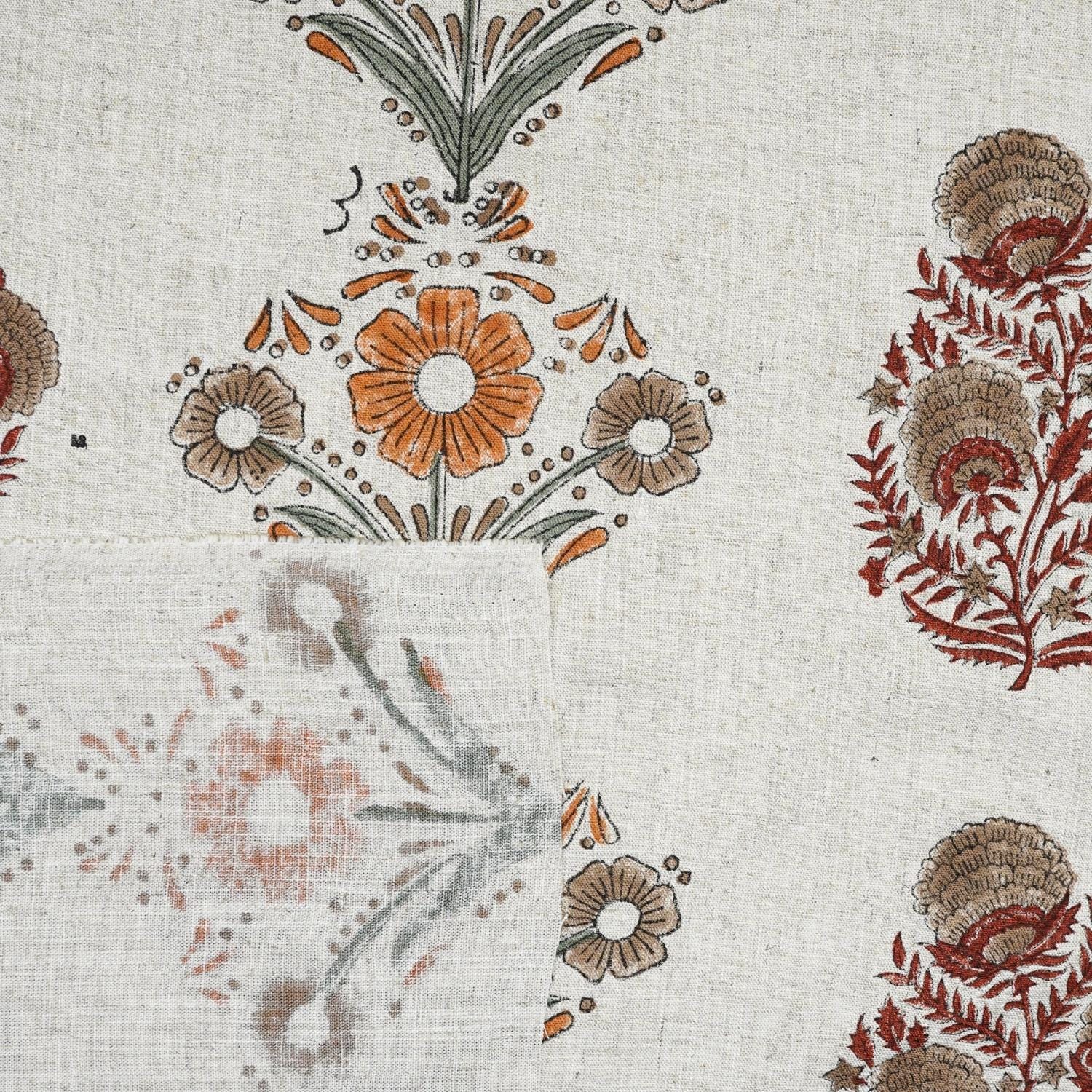 Handmade Printed Red & Orange Floral Viscose Linen Fabric - Vanshika Radiance