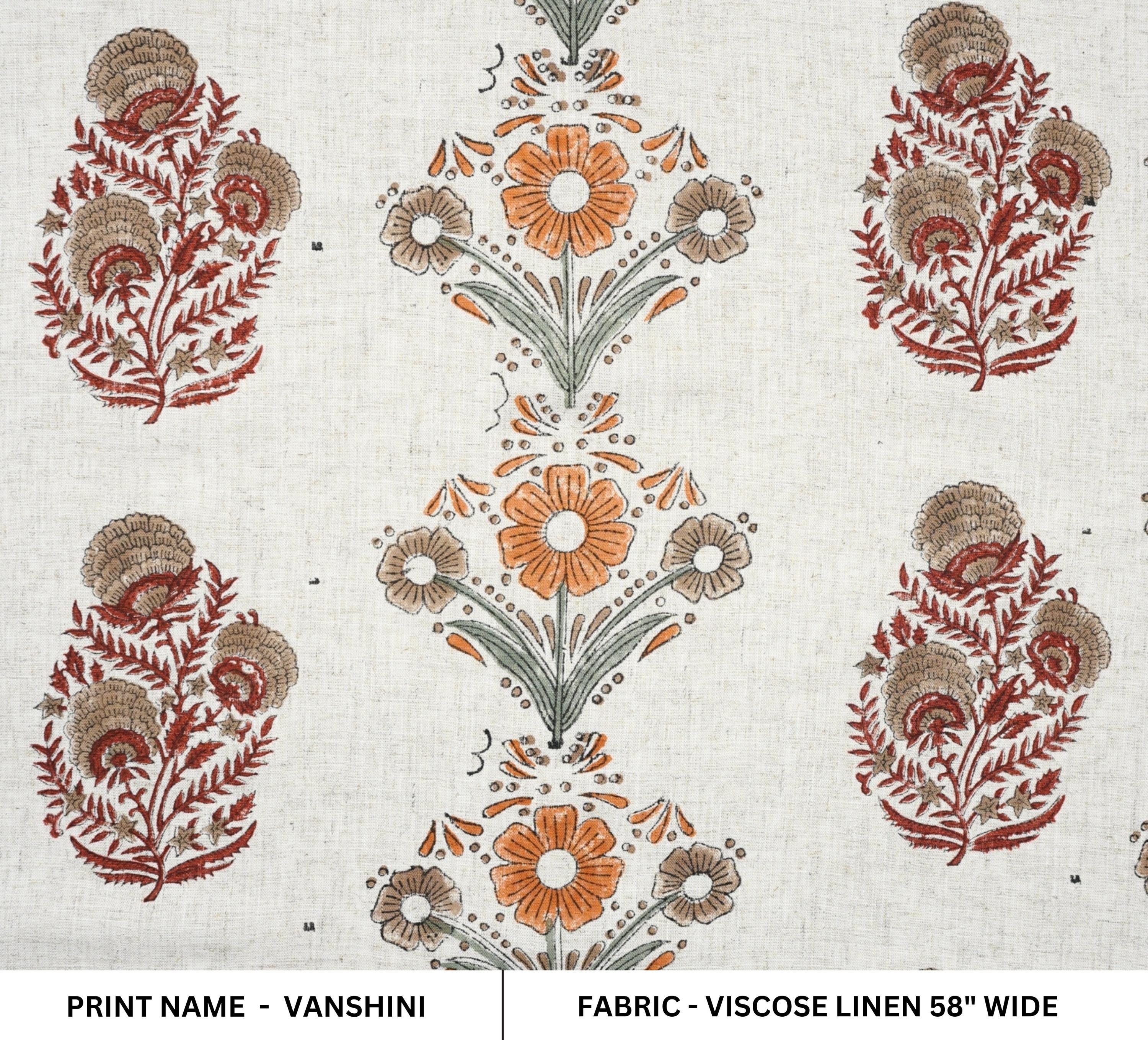 Handmade Printed Red & Orange Floral Viscose Linen Fabric - Vanshika Radiance