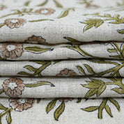 SEHJAN HAND BLOCK PRINTED FABRIC – GREEN & BEIGE FLORAL DESIGN ON ELEGANT VISCOSE LINEN