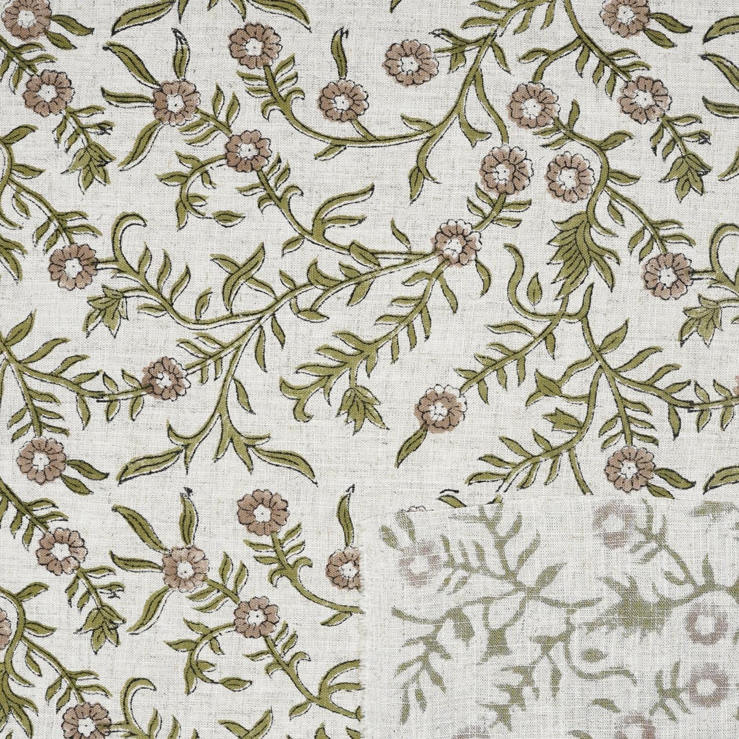 SEHJAN HAND BLOCK PRINTED FABRIC – GREEN & BEIGE FLORAL DESIGN ON ELEGANT VISCOSE LINEN