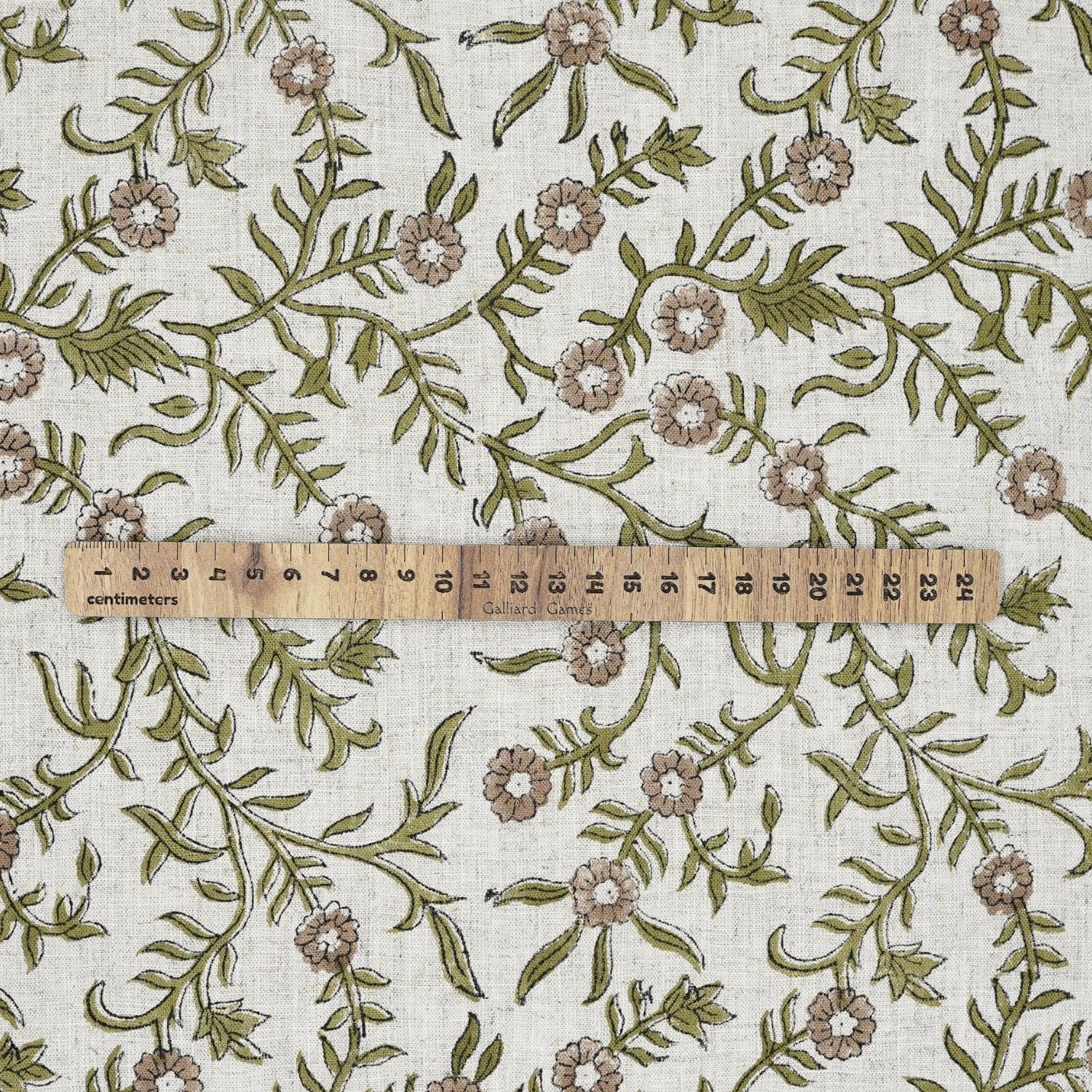 SEHJAN HAND BLOCK PRINTED FABRIC – GREEN & BEIGE FLORAL DESIGN ON ELEGANT VISCOSE LINEN