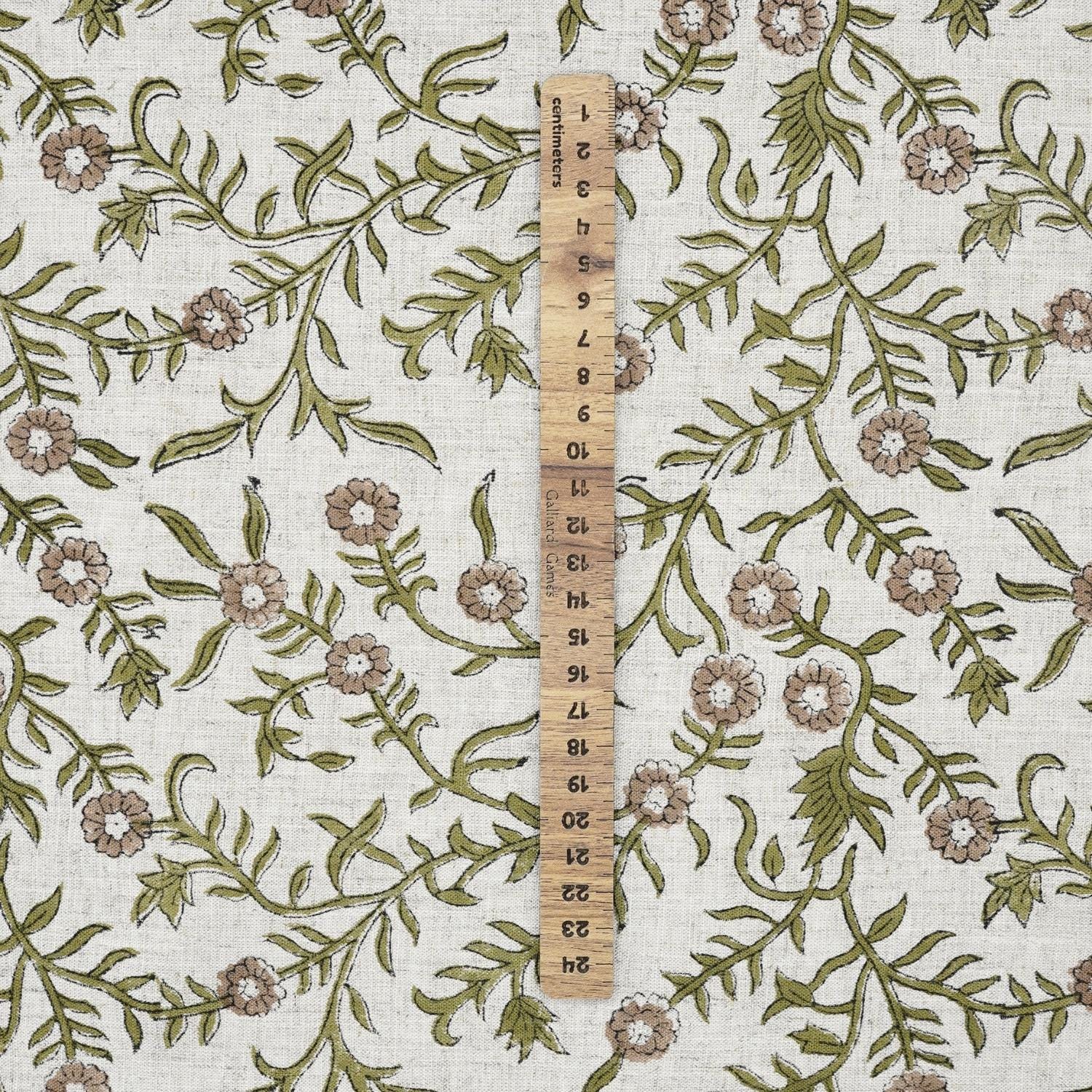 SEHJAN HAND BLOCK PRINTED FABRIC – GREEN & BEIGE FLORAL DESIGN ON ELEGANT VISCOSE LINEN