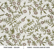 SEHJAN HAND BLOCK PRINTED FABRIC – GREEN & BEIGE FLORAL DESIGN ON ELEGANT VISCOSE LINEN