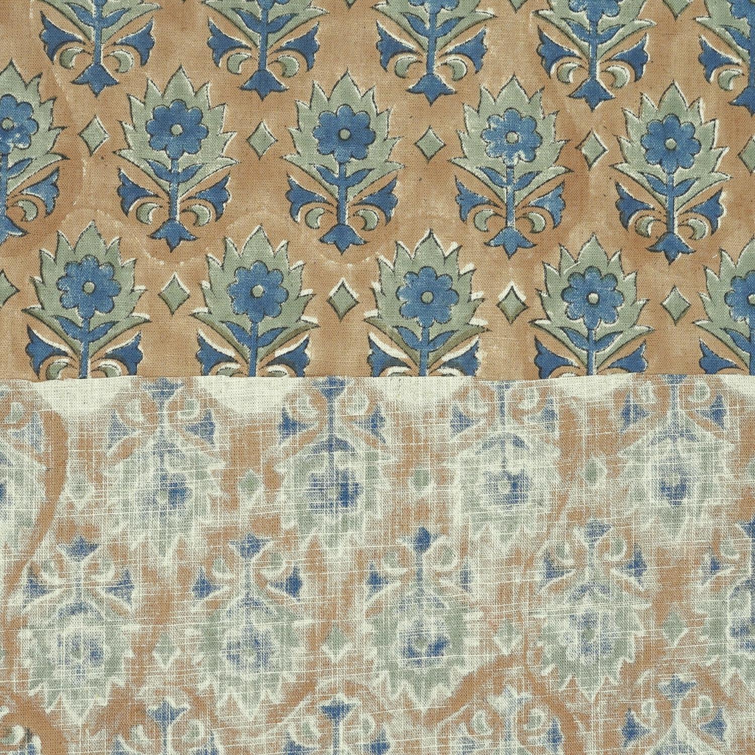 FLORAL LINEN HAND BLOCK PRINT NATURAL FABRIC BLUE FLORAL - KUSUM