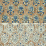 FLORAL LINEN HAND BLOCK PRINT NATURAL FABRIC BLUE FLORAL - KUSUM