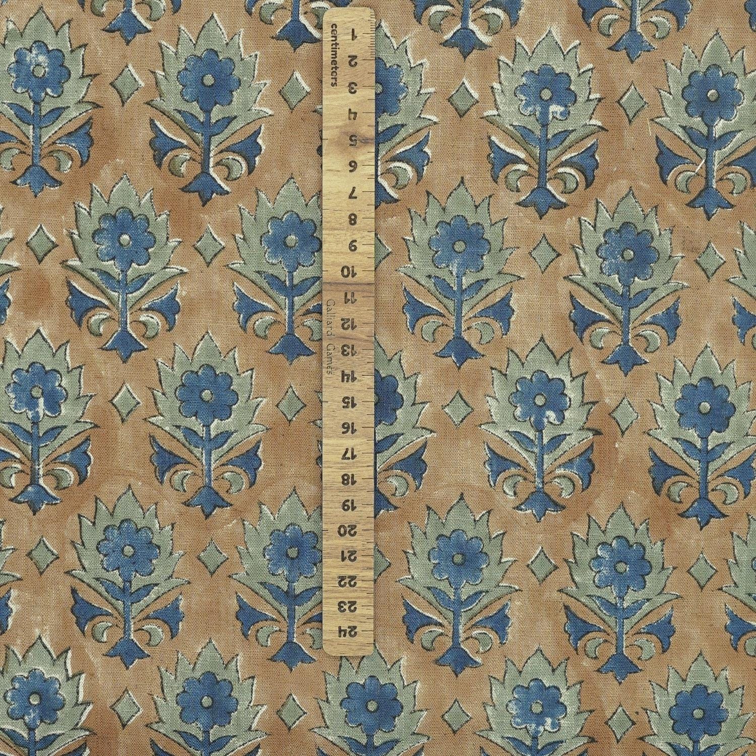 FLORAL LINEN HAND BLOCK PRINT NATURAL FABRIC BLUE FLORAL - KUSUM