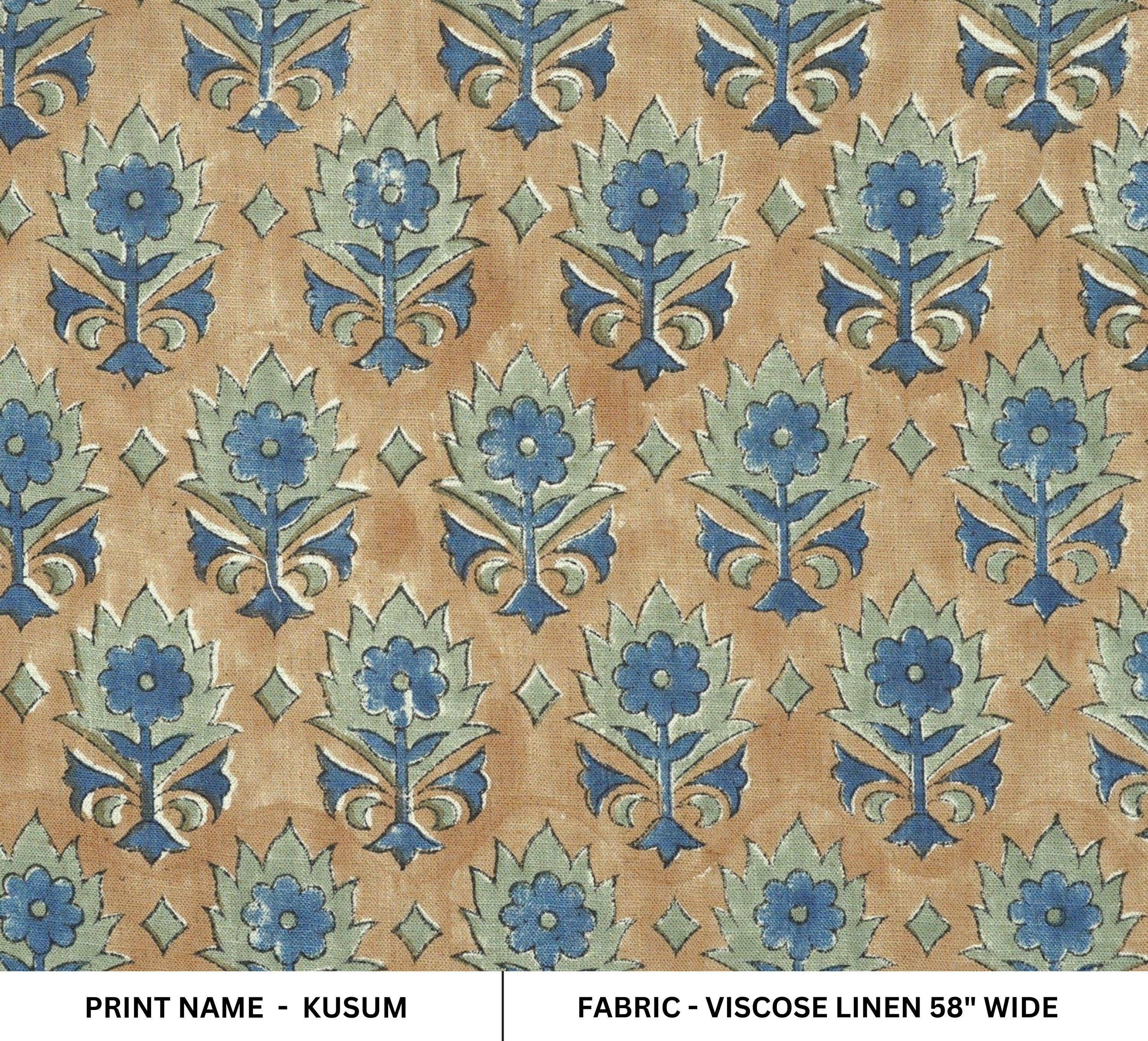 FLORAL LINEN HAND BLOCK PRINT NATURAL FABRIC BLUE FLORAL - KUSUM