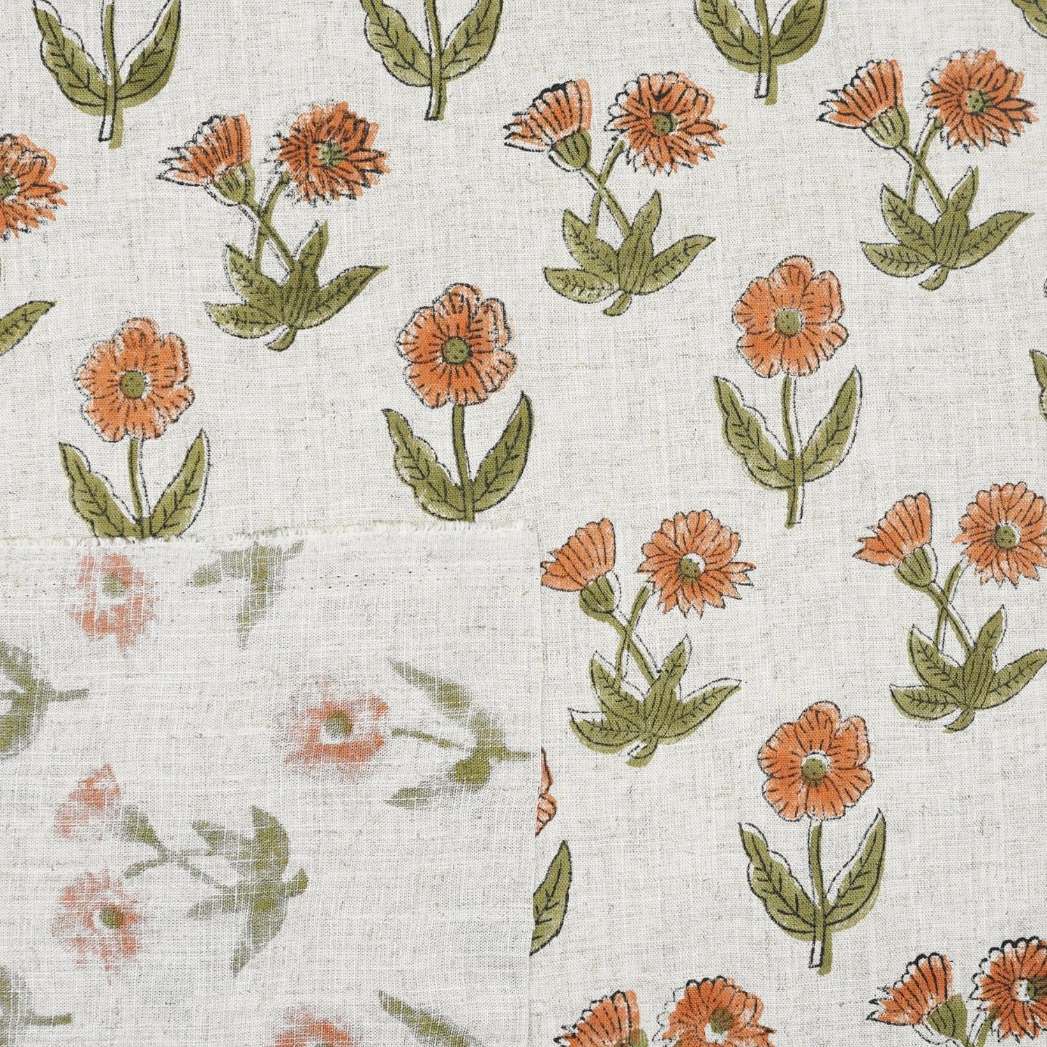 HAND BLOCK PRINTED VISCOSE LINEN FABRIC ORANGE & GREEN FLORAL DESIGN - KIRTI
