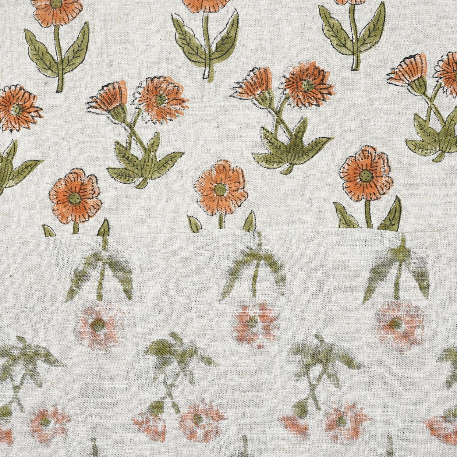 HAND BLOCK PRINTED VISCOSE LINEN FABRIC ORANGE & GREEN FLORAL DESIGN - KIRTI