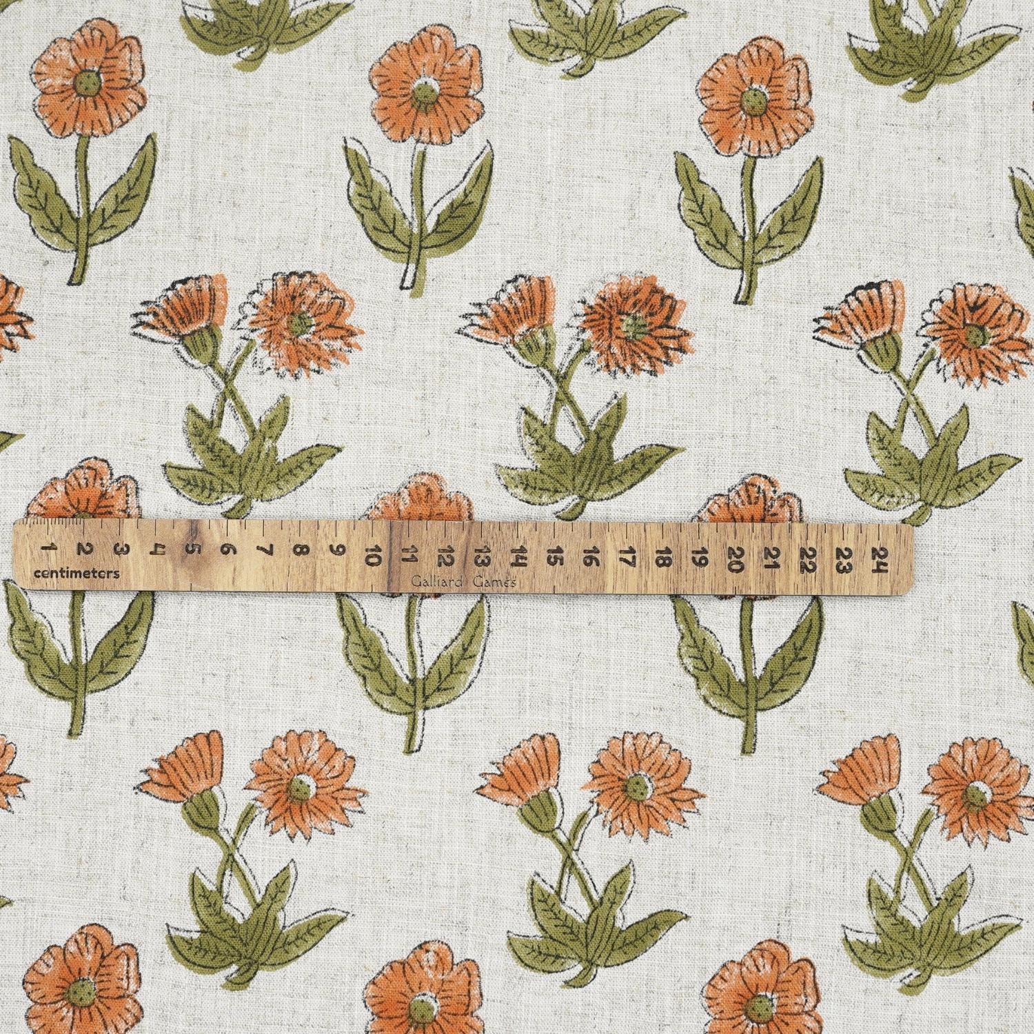 HAND BLOCK PRINTED VISCOSE LINEN FABRIC ORANGE & GREEN FLORAL DESIGN - KIRTI