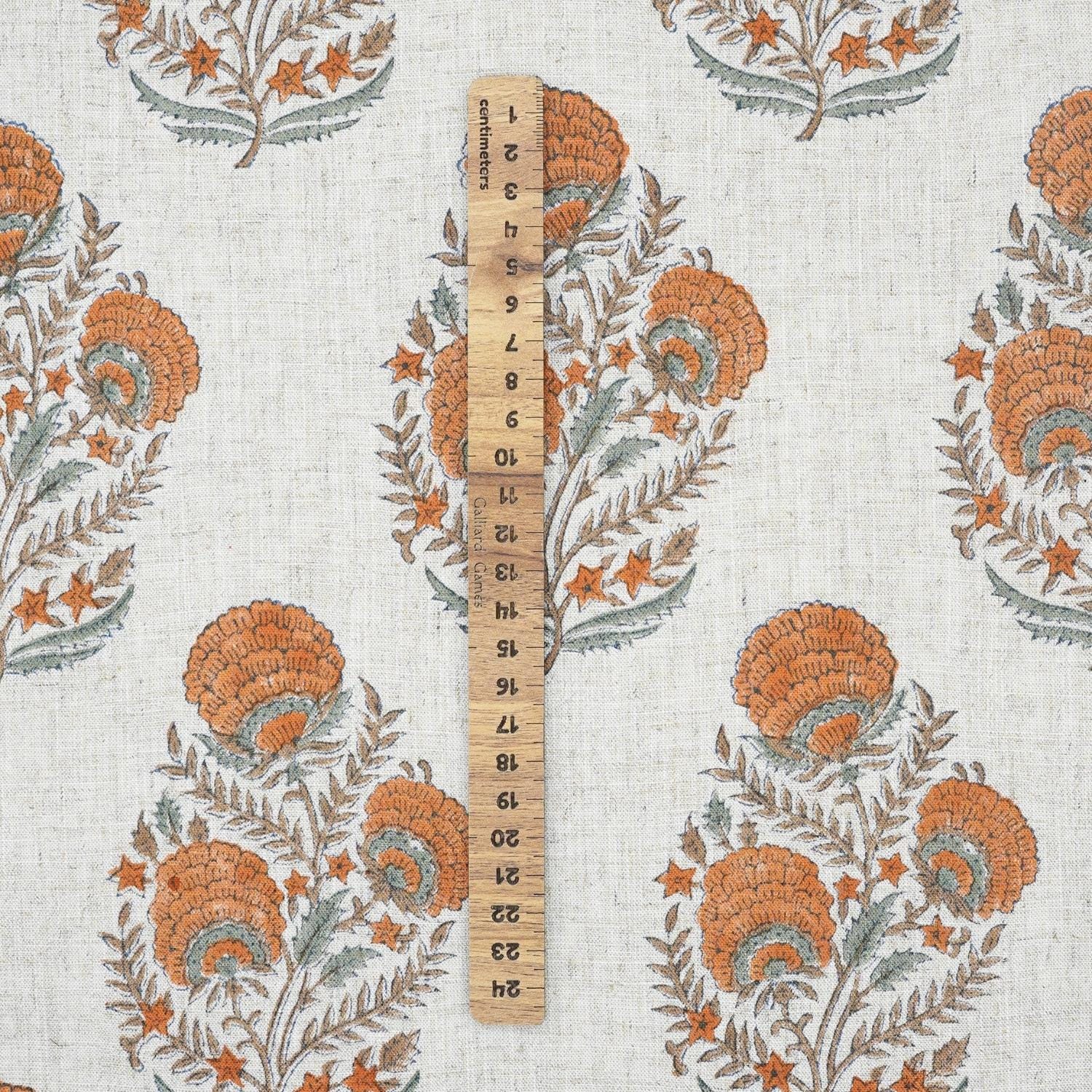 HAND BLOCK PRINT NATURAL LINEN FABRIC HANDCRAFTED ORANGE FLORAL PRINT - MOHINI