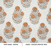 HAND BLOCK PRINT NATURAL LINEN FABRIC HANDCRAFTED ORANGE FLORAL PRINT - MOHINI