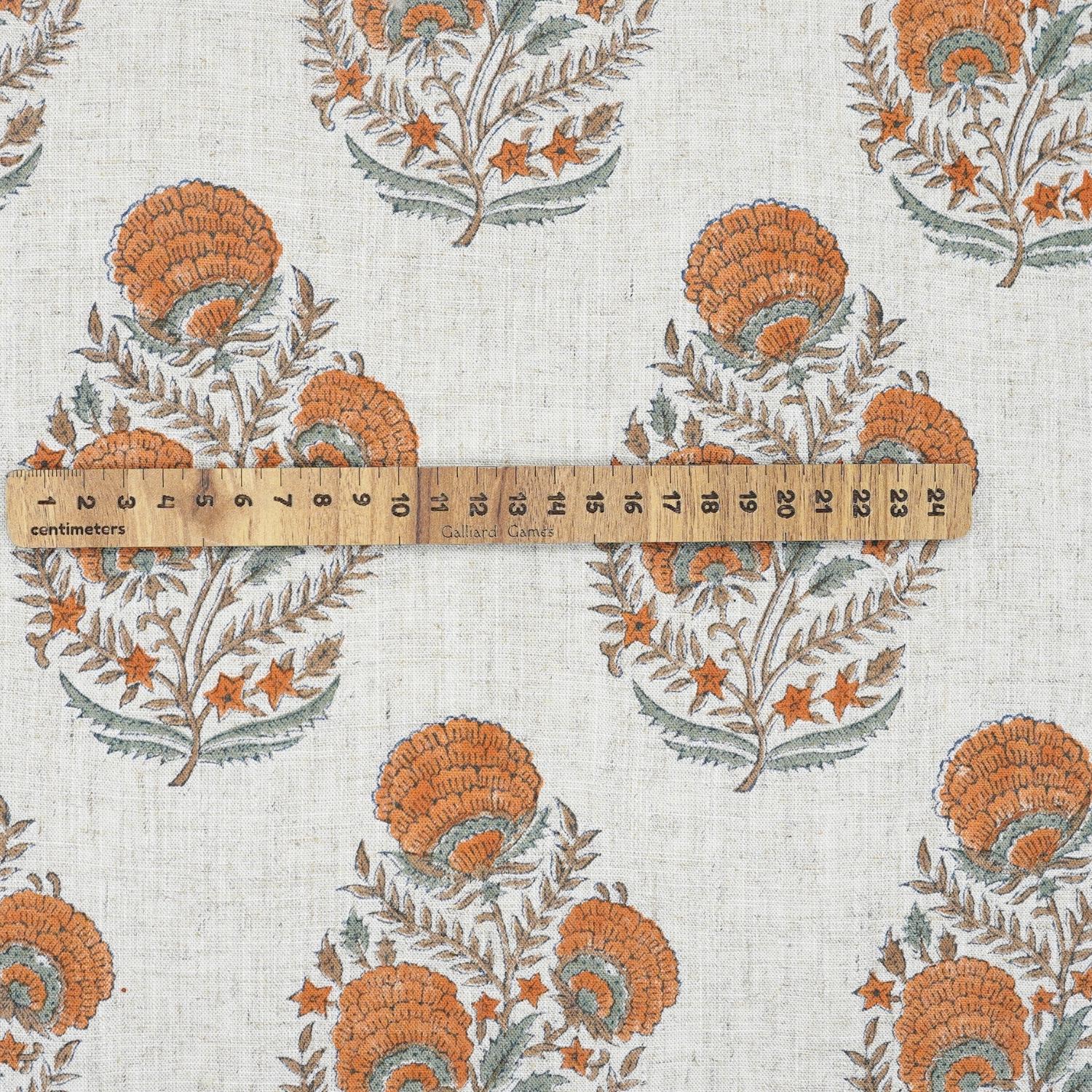 HAND BLOCK PRINT NATURAL LINEN FABRIC HANDCRAFTED ORANGE FLORAL PRINT - MOHINI