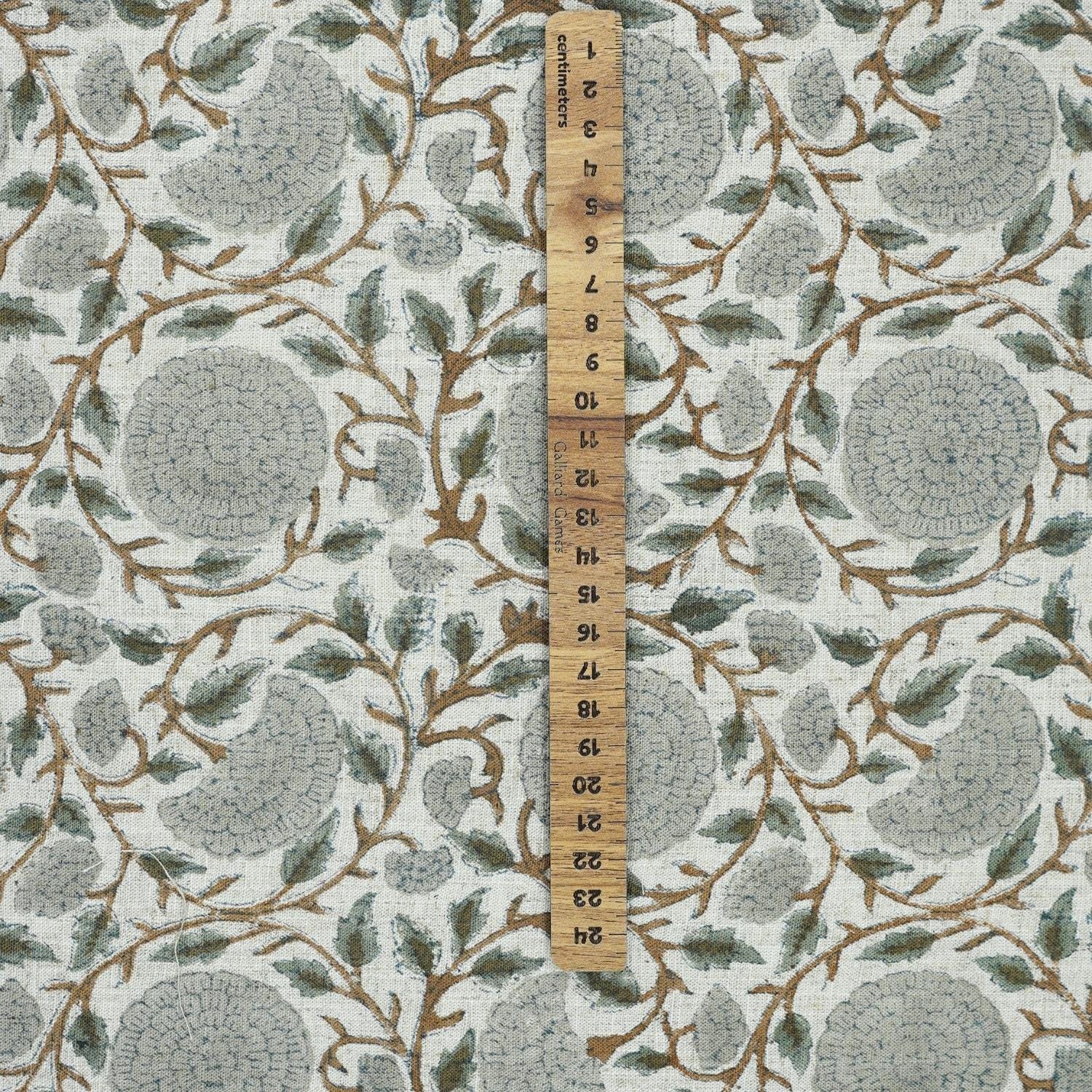 HAND BLOCK PRINTED VISCOSE LINEN UPHOLSTERY GRAY AND BROWN FLORAL FABRIC  - KARWACHAUTH