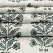 HAND BLOCK PRINTED FLORAL GRAY AND BROWN NATURAL VISCOSE LINEN FABRIC - SADABAHAR
