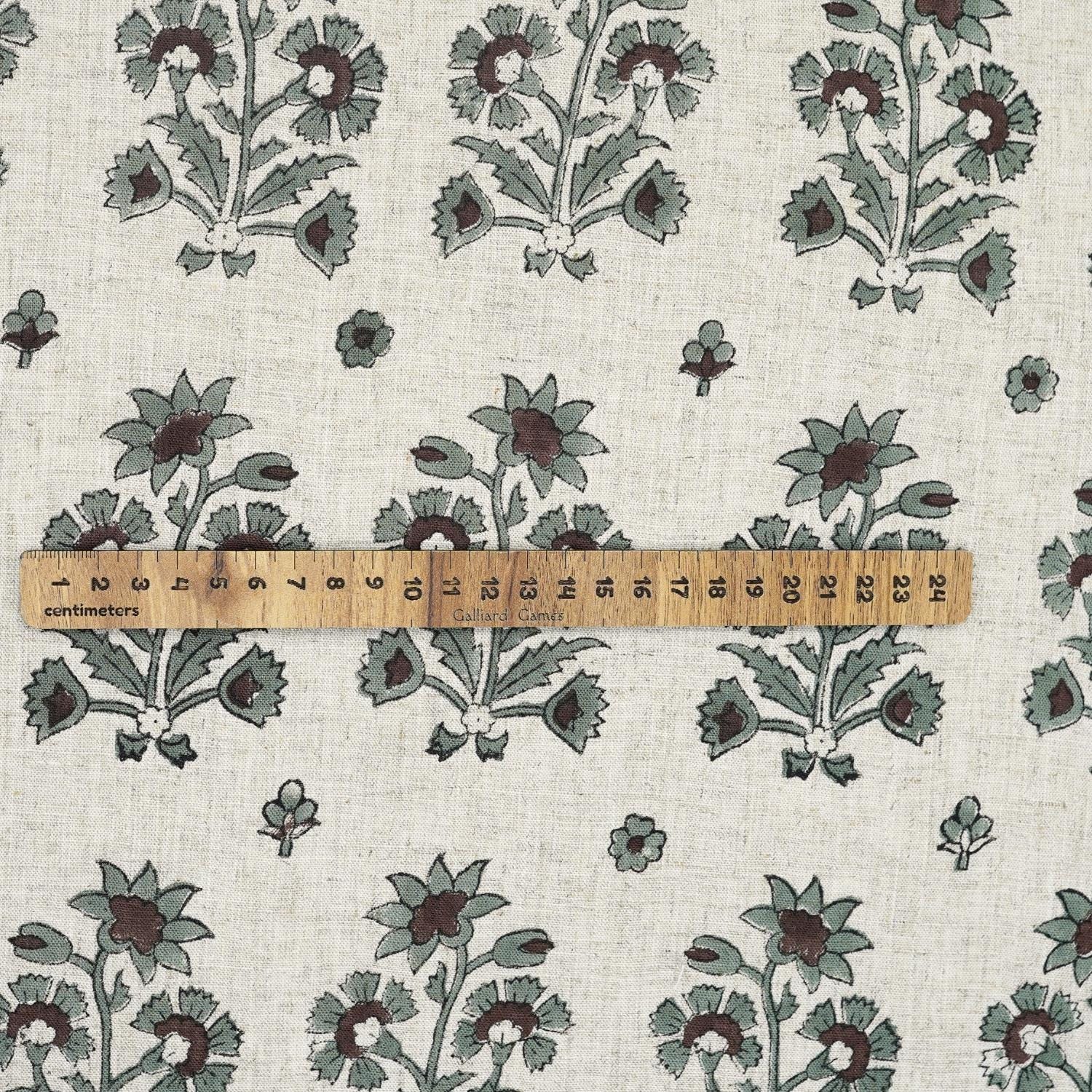 HAND BLOCK PRINTED FLORAL GRAY AND BROWN NATURAL VISCOSE LINEN FABRIC - SADABAHAR