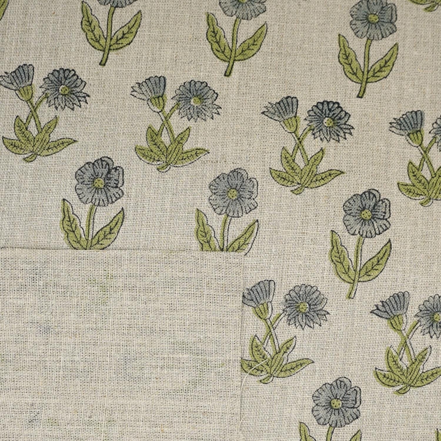 Block Printed Throw Boho Gray Green Floral Handmade Thick Linen Pure Fabirc For Farmhouse - KIRTI