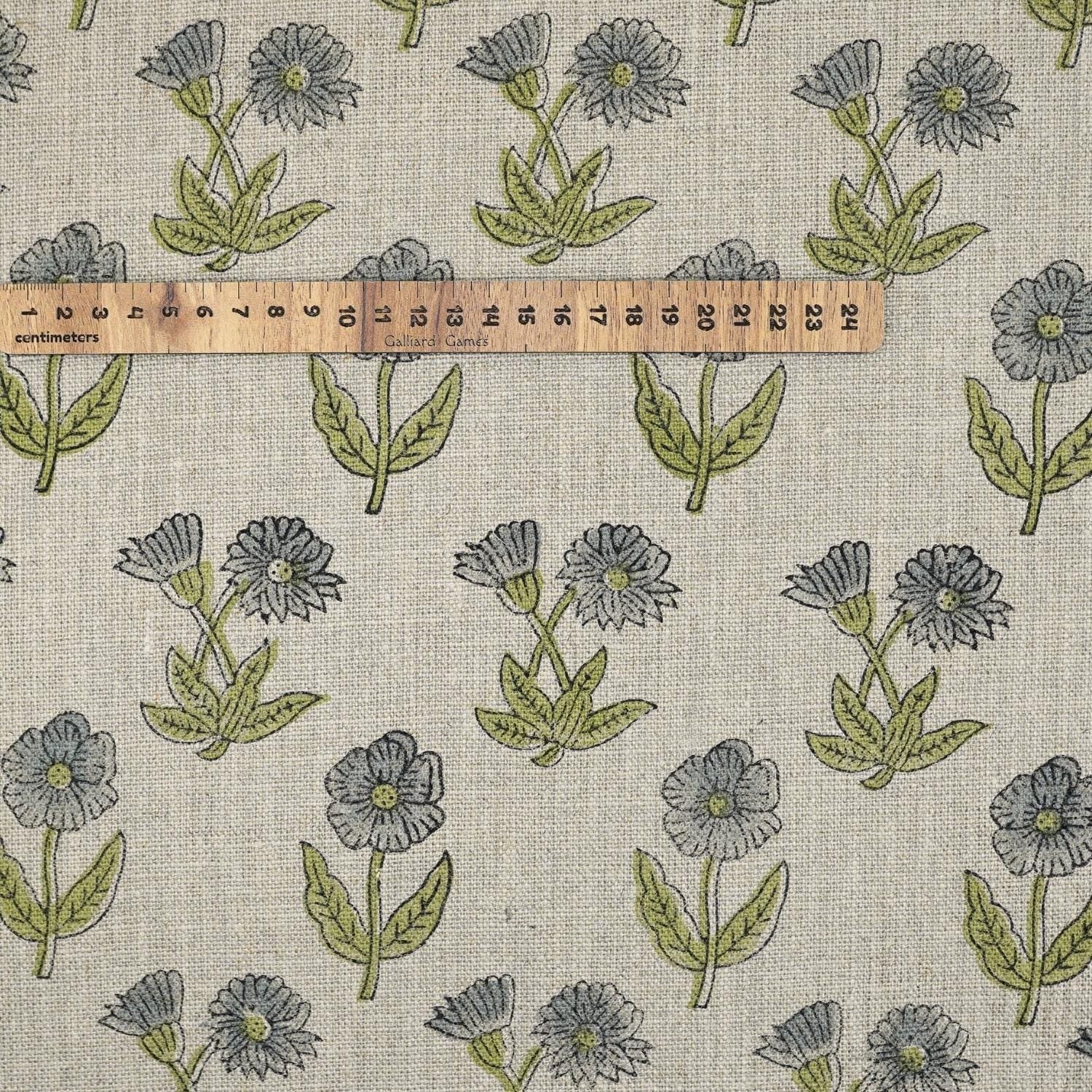 Block Printed Throw Boho Gray Green Floral Handmade Thick Linen Pure Fabirc For Farmhouse - KIRTI