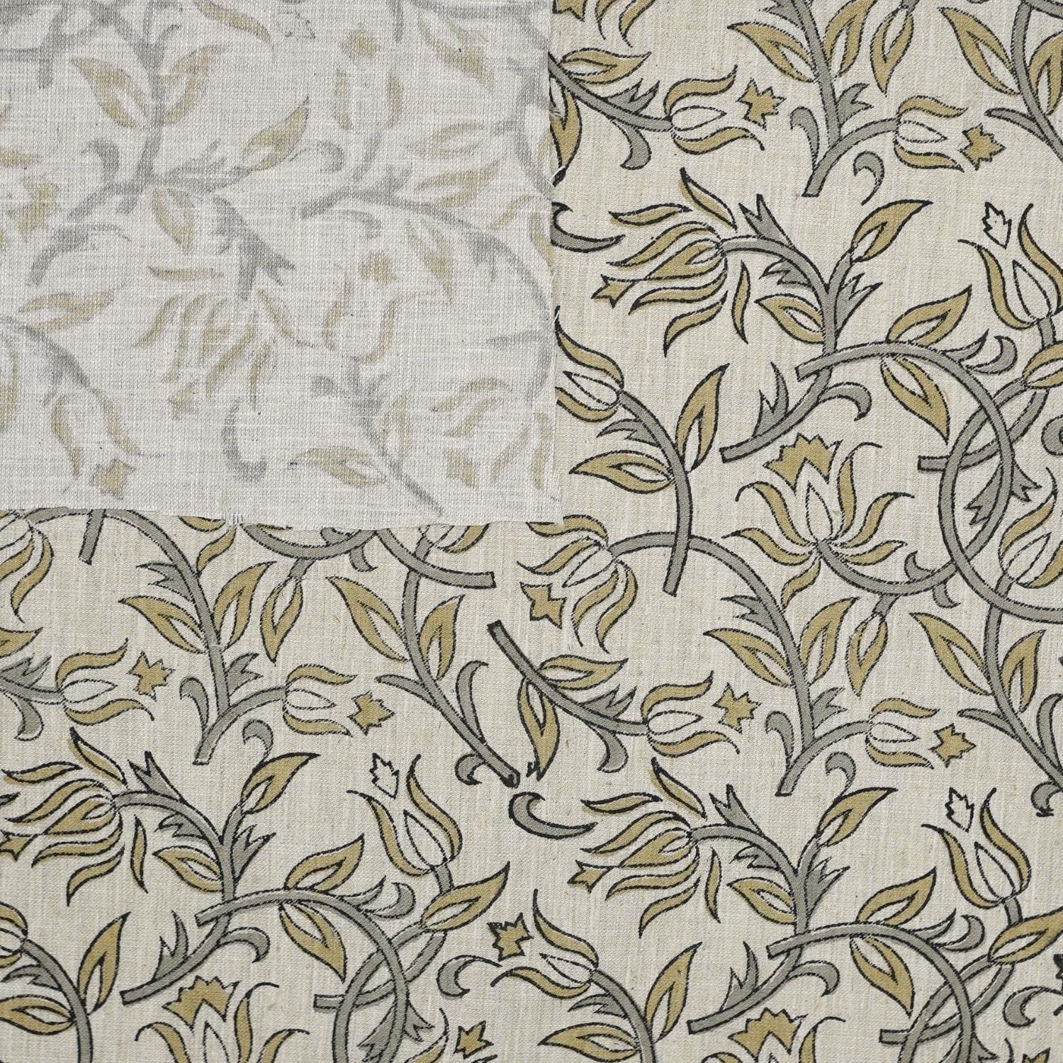 Handblock Printed Throw Boho Green and Gray Floral Linen Blend Natural Fabric - KAMAL DUTTA