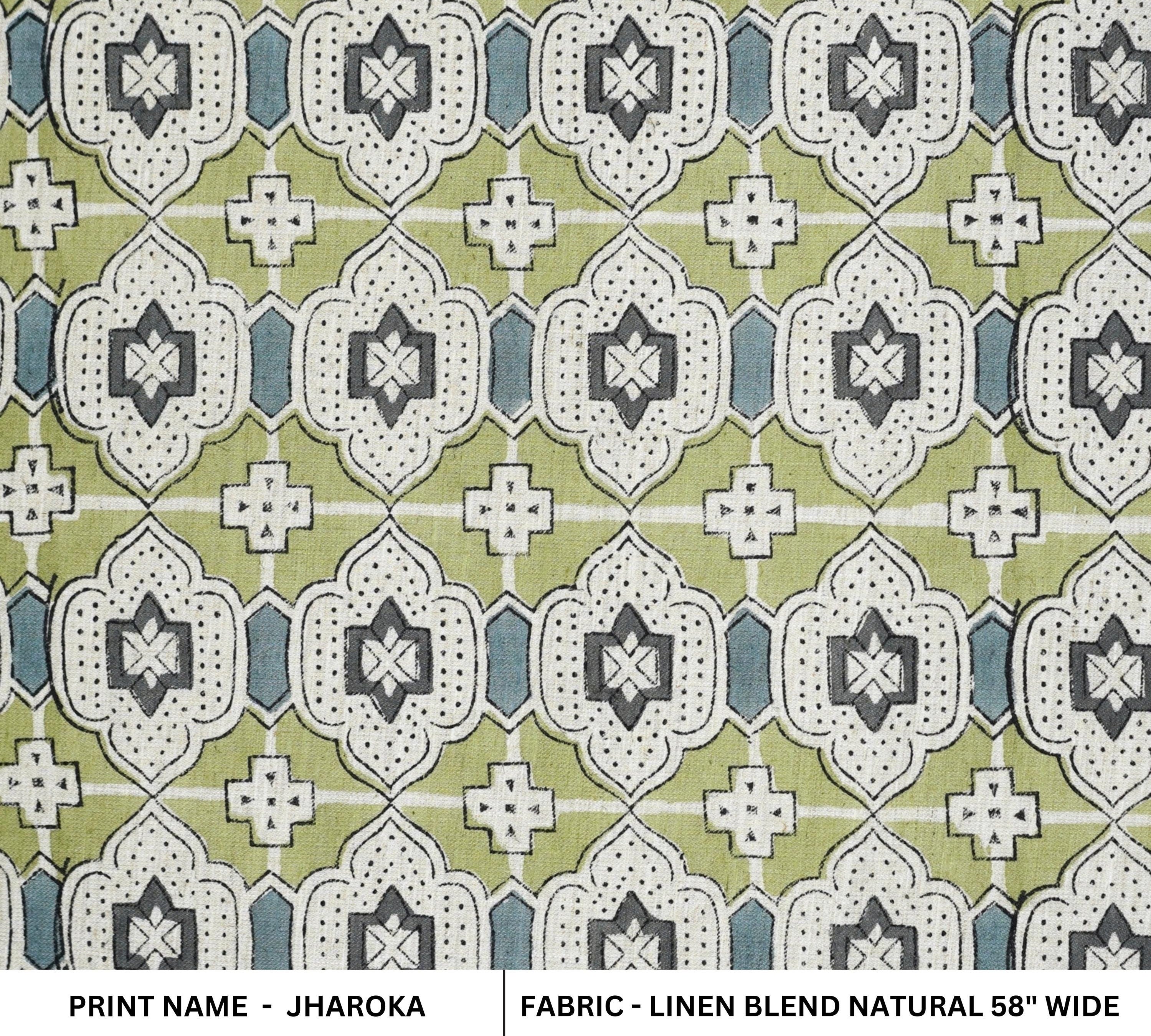 JHAROKA HANDMADE FLORAL FABRIC – SAGE GREEN, GRAY & WHITE LINEN BLEND FOR ELEGANT LIVING ROOM