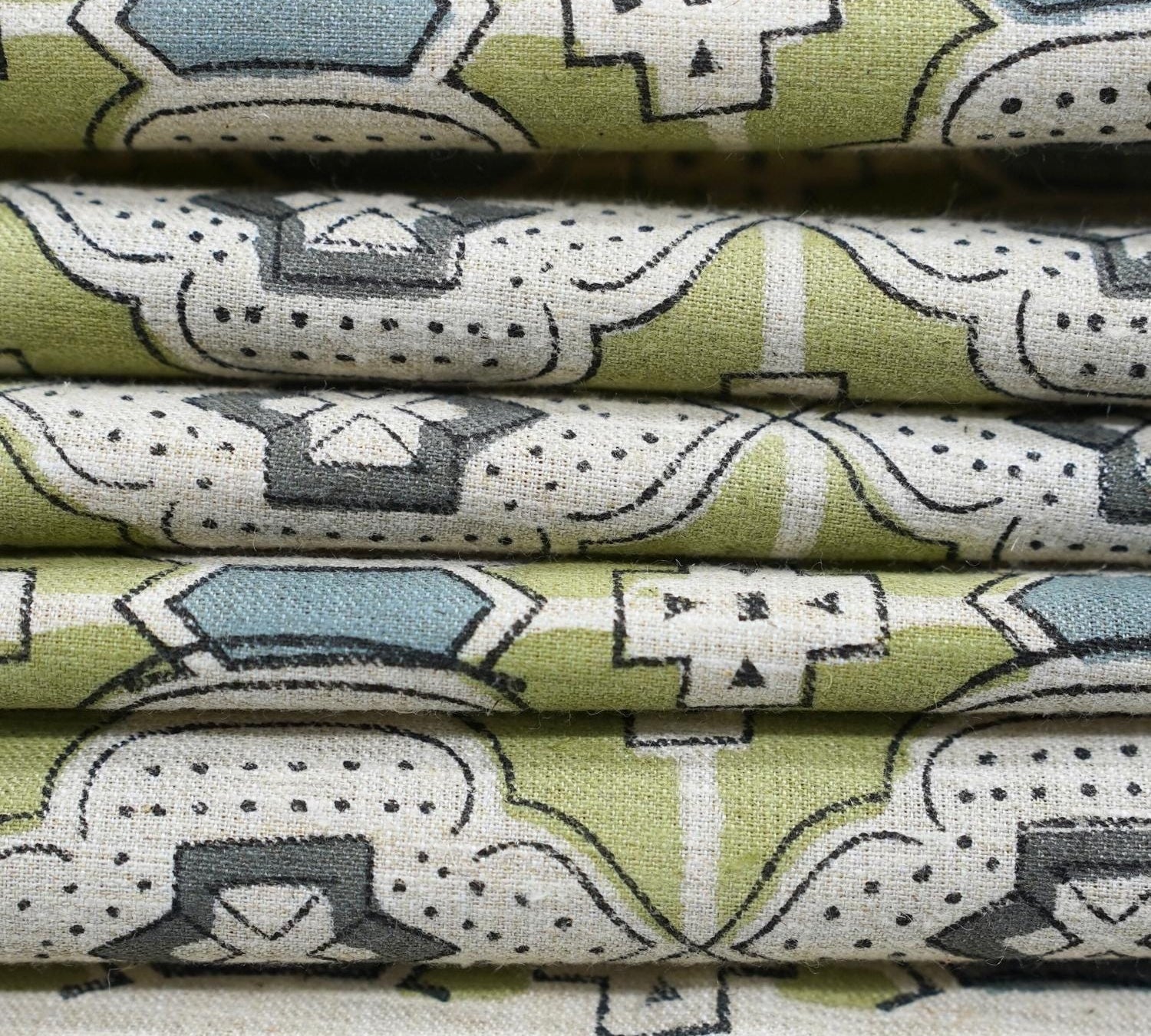 JHAROKA HANDMADE FLORAL FABRIC – SAGE GREEN, GRAY & WHITE LINEN BLEND FOR ELEGANT LIVING ROOM