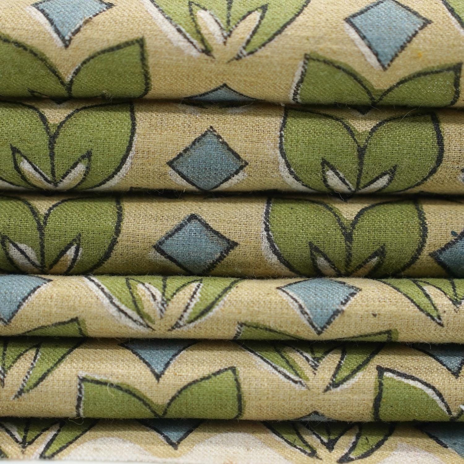 LINEN BLEND HAND BLOCK PRINTED FABRIC – TITLEE GREEN FLORAL IN GRAY & GREEN FOR FARMHOUSE DECOR