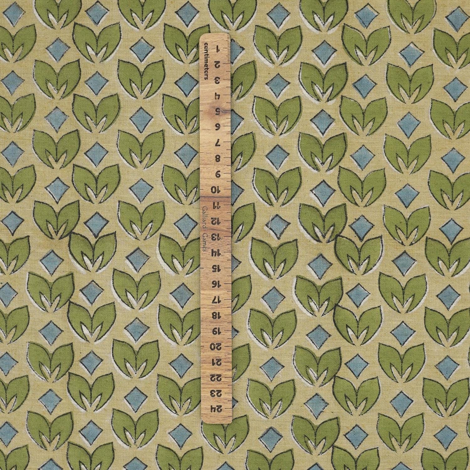 LINEN BLEND HAND BLOCK PRINTED FABRIC – TITLEE GREEN FLORAL IN GRAY & GREEN FOR FARMHOUSE DECOR