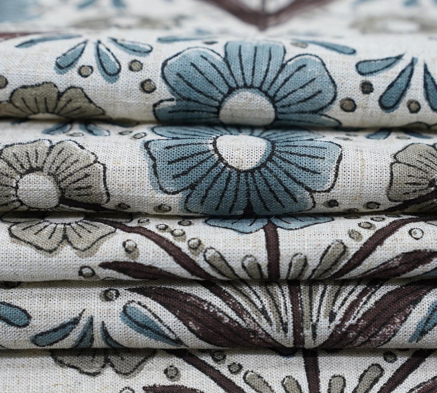 Handblock Printed Gray and Blue Floral Viscose Linen Fabric - Vanshika