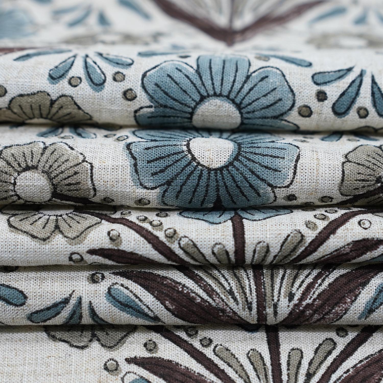 Handblock Printed Gray and Blue Floral Viscose Linen Fabric - Vanshika