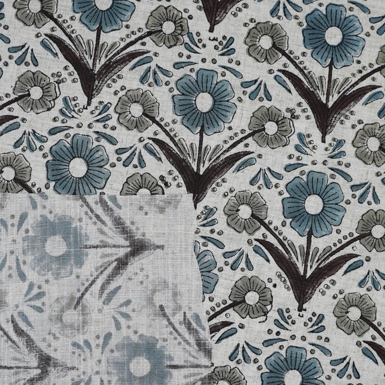 Handblock Printed Gray and Blue Floral Viscose Linen Fabric - Vanshika