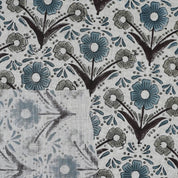 Handblock Printed Gray and Blue Floral Viscose Linen Fabric - Vanshika