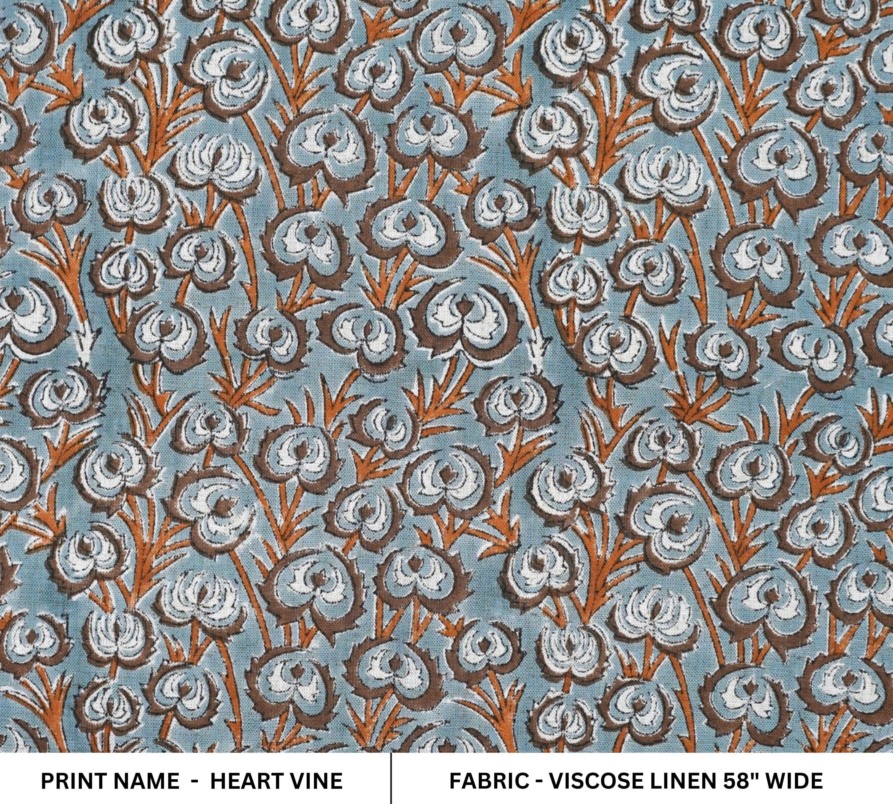 HAND BLOCK PRINTED FABRIC GRAY AND BROWN HEART VINE – FLORAL VISCOSE LINEN FOR ELEGANT LIVING ROOM