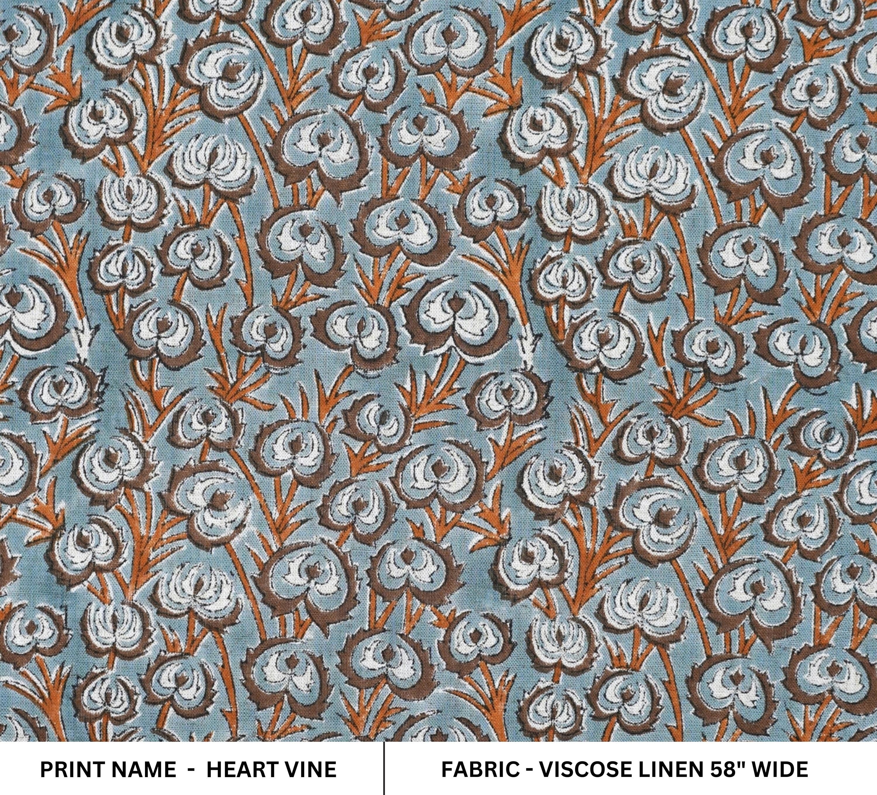 HAND BLOCK PRINTED FABRIC GRAY AND BROWN HEART VINE – FLORAL VISCOSE LINEN FOR ELEGANT LIVING ROOM