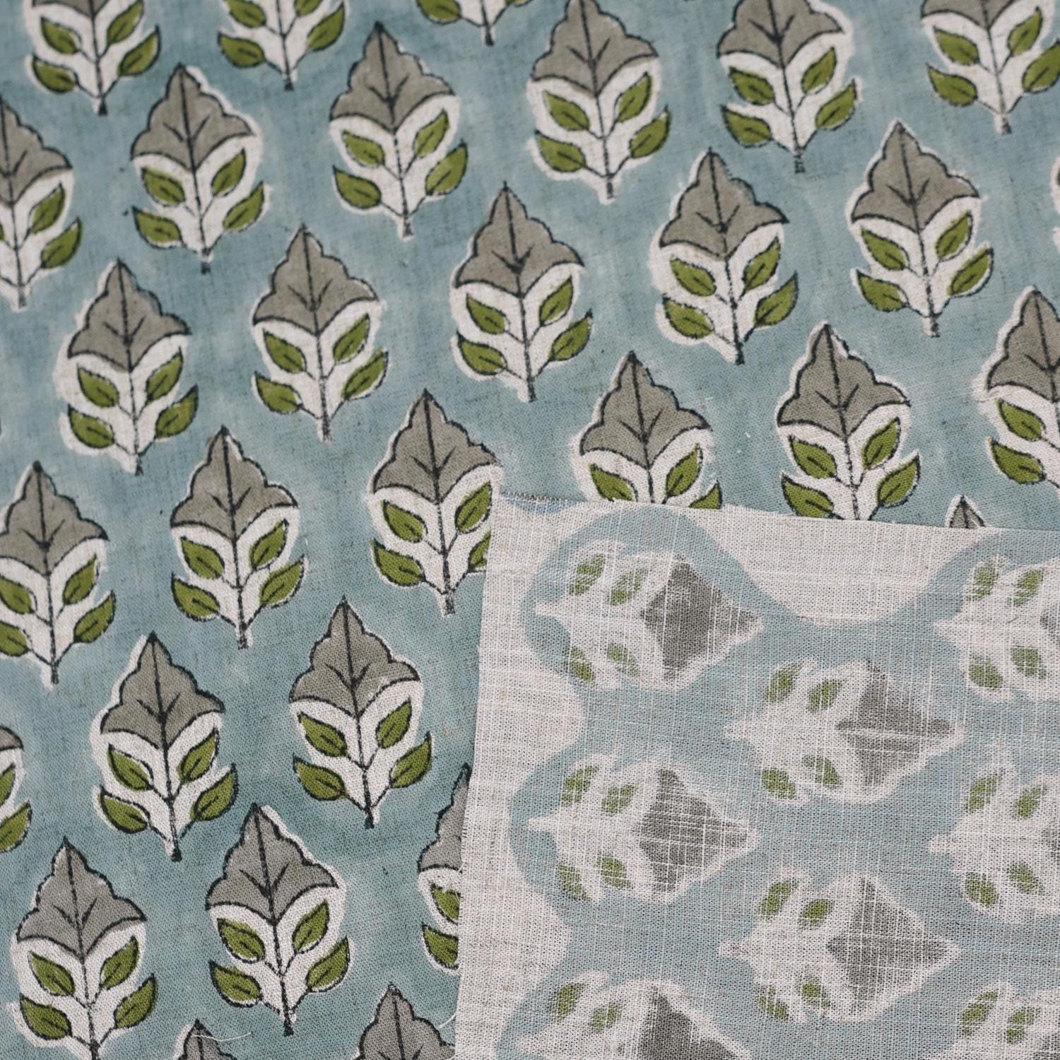 HANDMADE BLOCK PRINTED FLORAL GRAY & GREEN NATURAL VISCOSE LINEN FABRIC - MAYUR