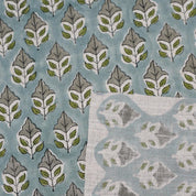 HANDMADE BLOCK PRINTED FLORAL GRAY & GREEN NATURAL VISCOSE LINEN FABRIC - MAYUR
