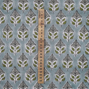 HANDMADE BLOCK PRINTED FLORAL GRAY & GREEN NATURAL VISCOSE LINEN FABRIC - MAYUR