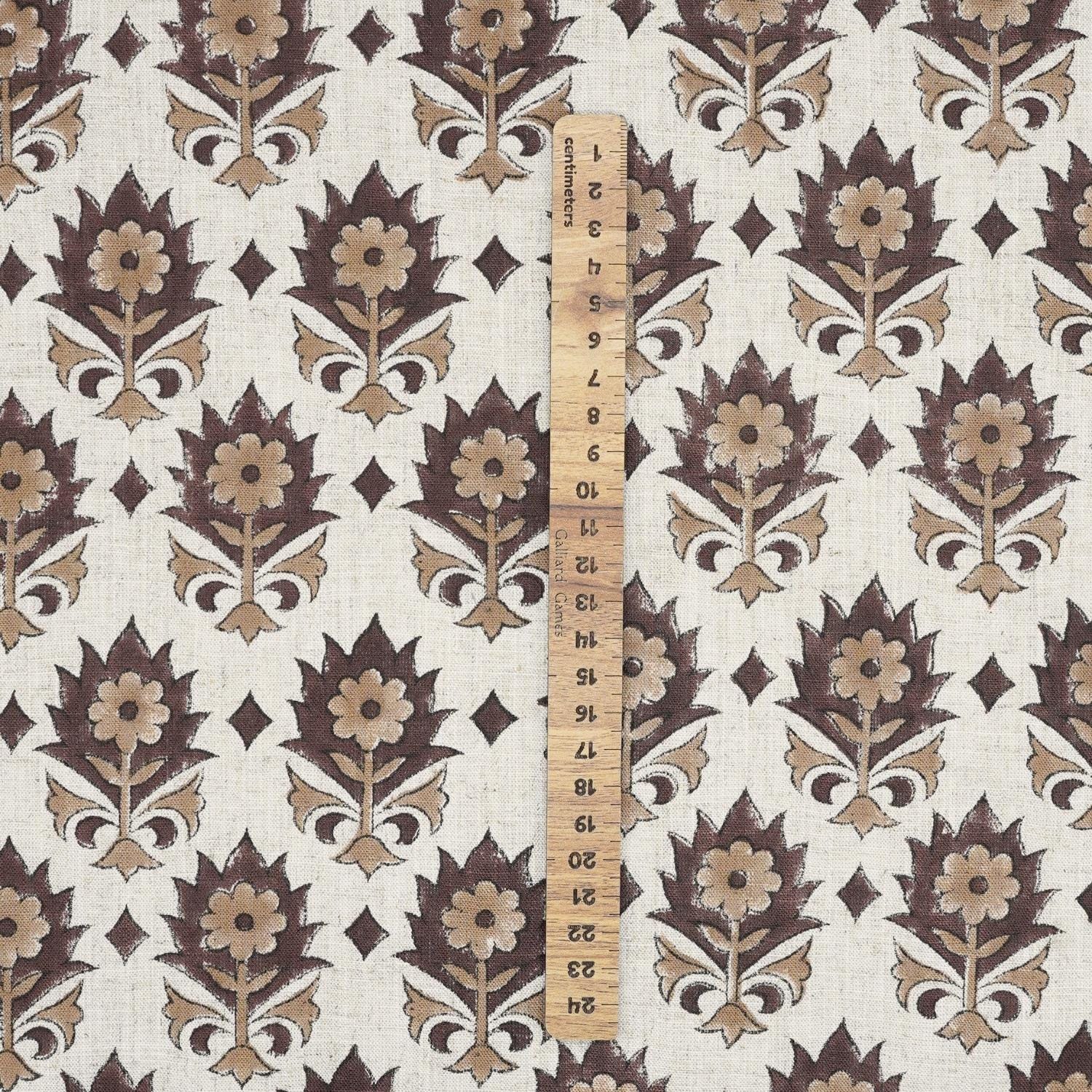 HANDBLOCK PRINTED THROW UPHOLSTERY VISCOSE LINEN BROWN AND BEIGE FLORAL FABRIC - KUSUM