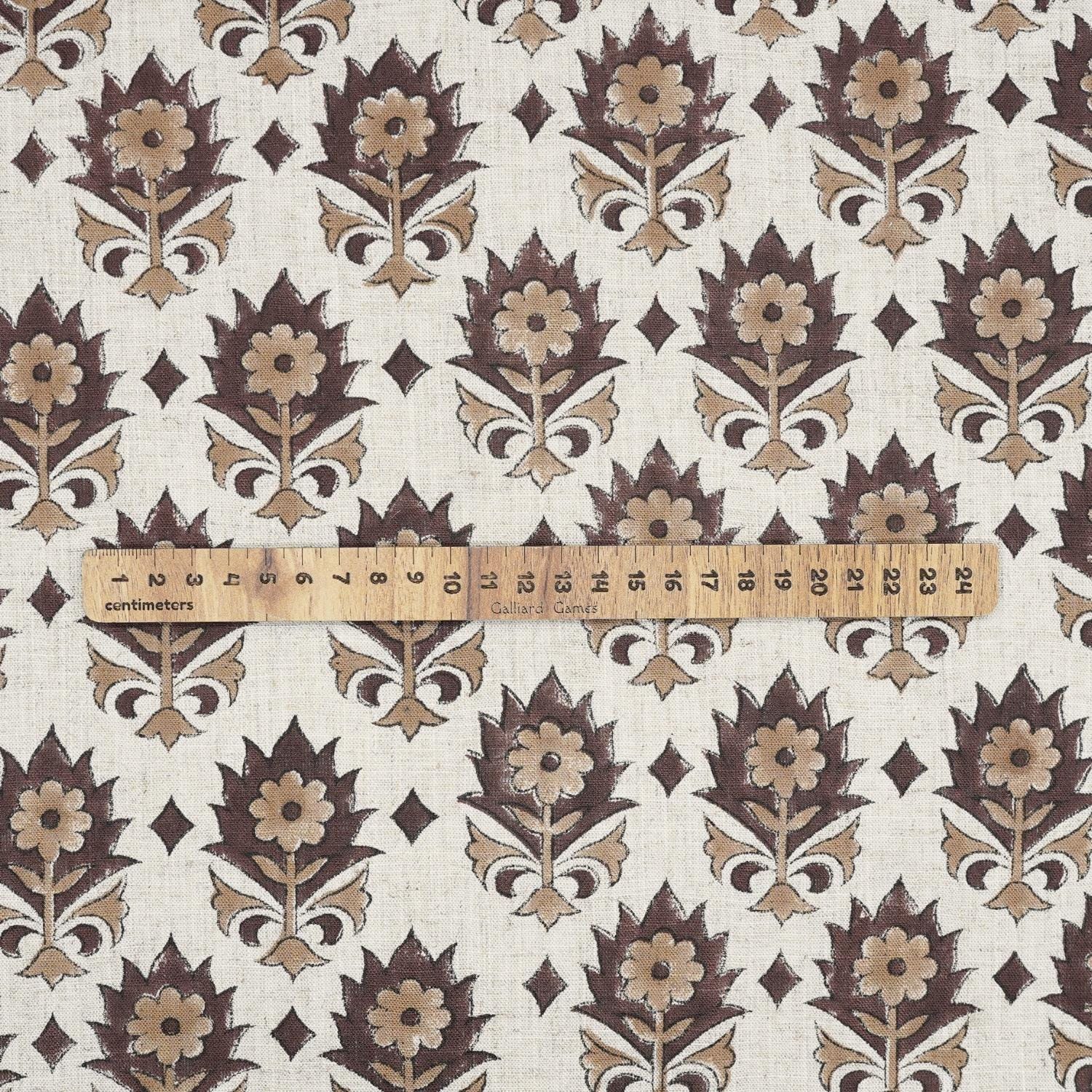 HANDBLOCK PRINTED THROW UPHOLSTERY VISCOSE LINEN BROWN AND BEIGE FLORAL FABRIC - KUSUM