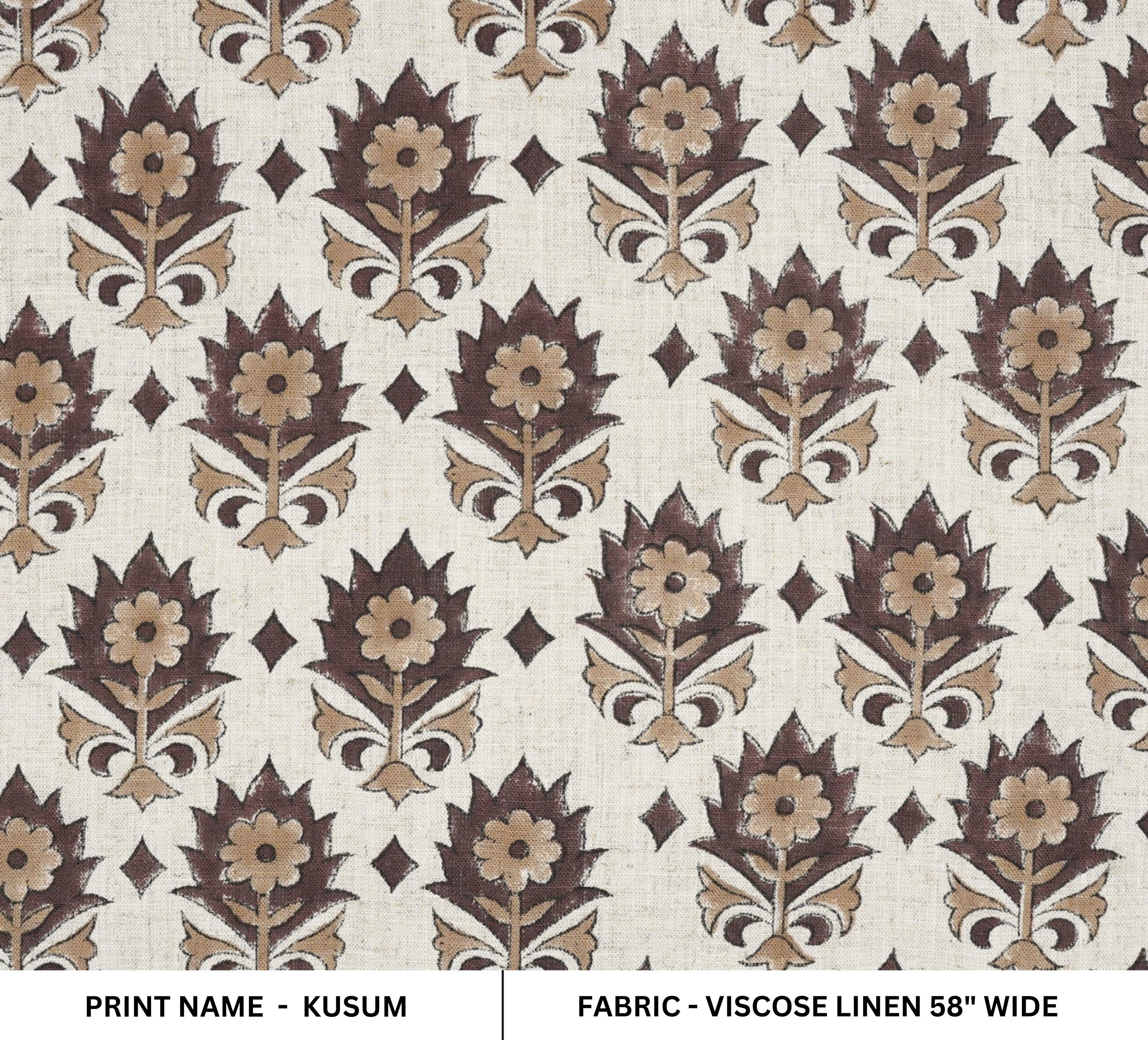 HANDBLOCK PRINTED THROW UPHOLSTERY VISCOSE LINEN BROWN AND BEIGE FLORAL FABRIC - KUSUM
