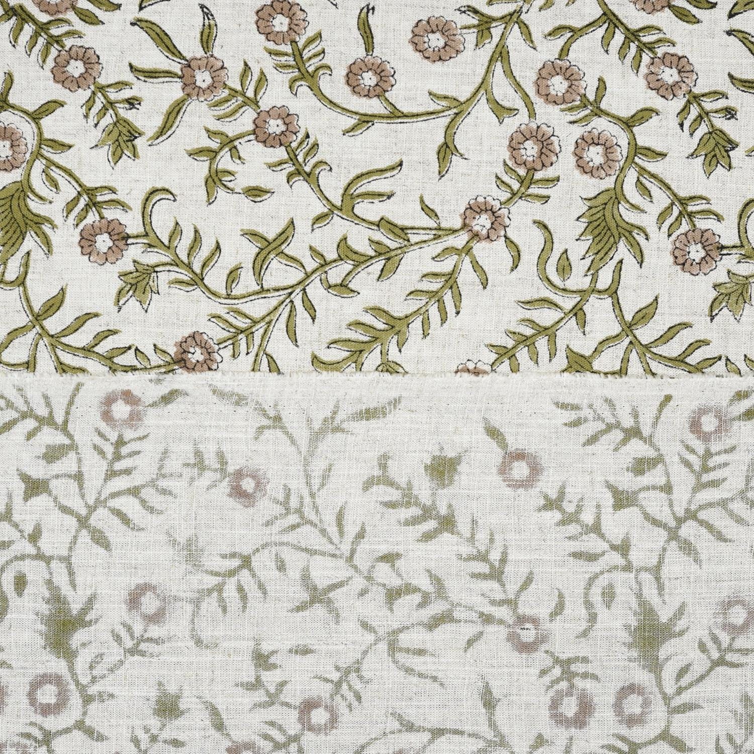 SEHJAN HAND BLOCK PRINTED FABRIC – GREEN & BEIGE FLORAL DESIGN ON ELEGANT VISCOSE LINEN