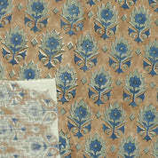 FLORAL LINEN HAND BLOCK PRINT NATURAL FABRIC BLUE FLORAL - KUSUM
