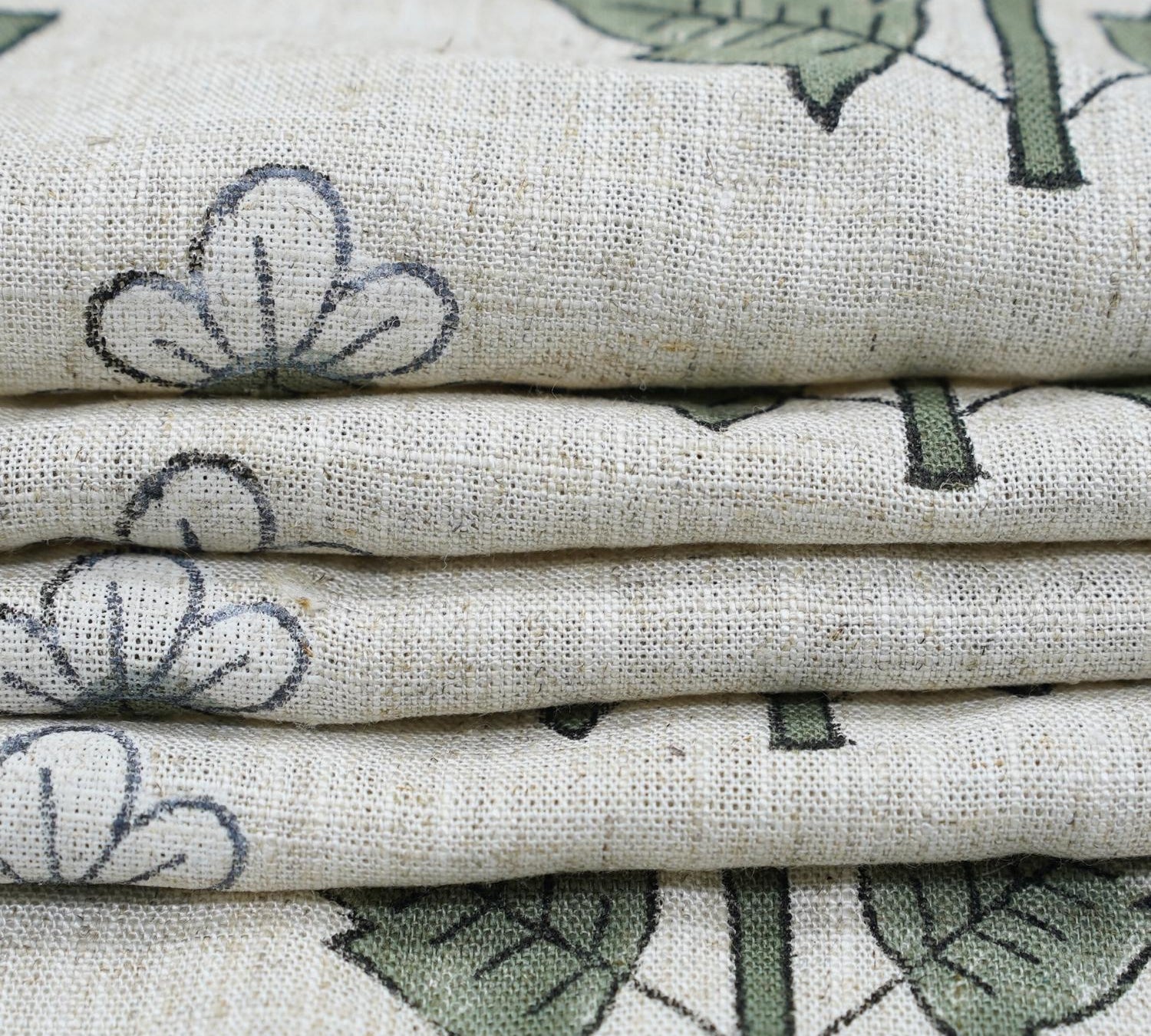 Handblock Printed Green Floral Viscose Linen Fabric Chahat Grace