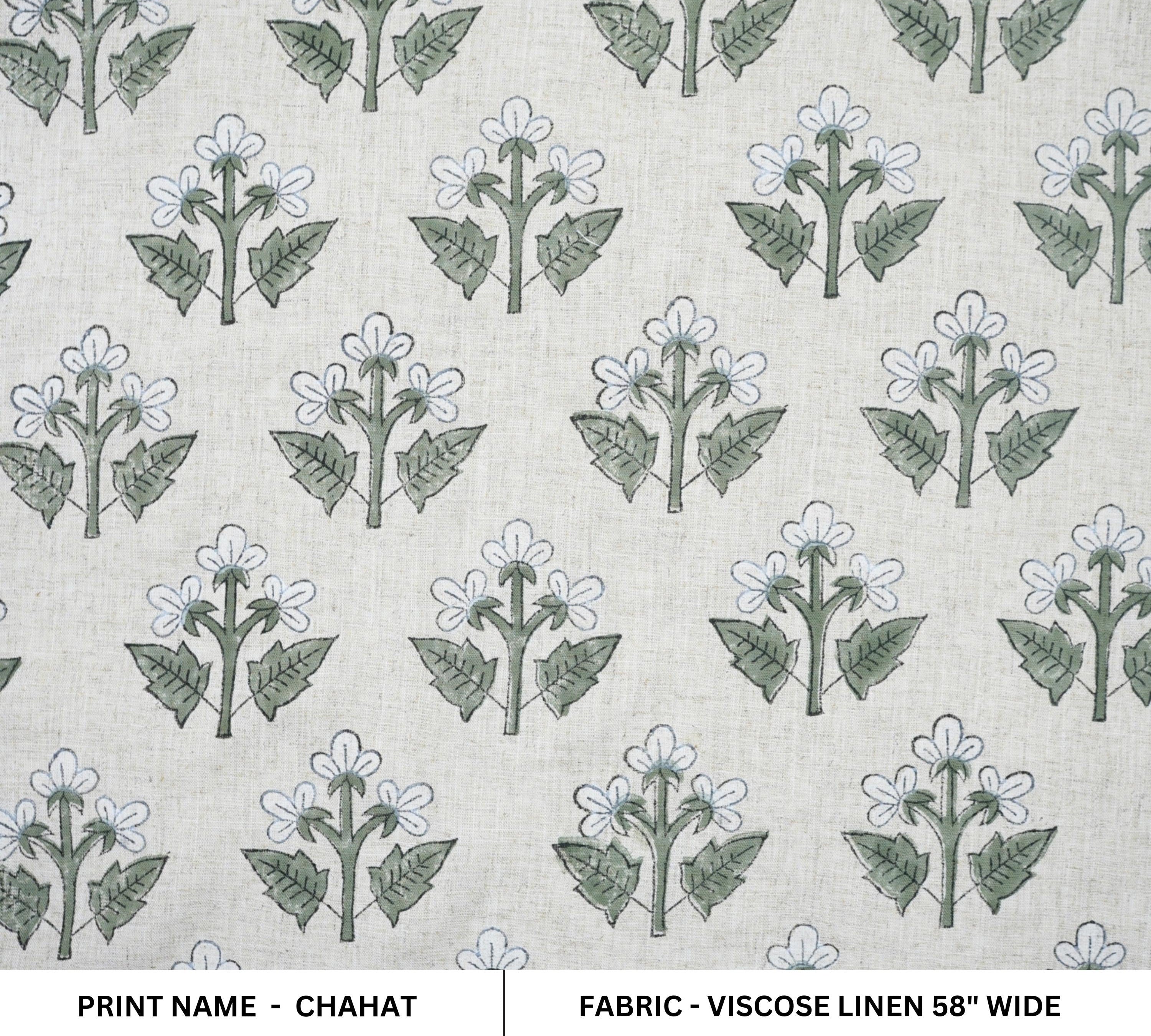 Handblock Printed Green Floral Viscose Linen Fabric Chahat Grace