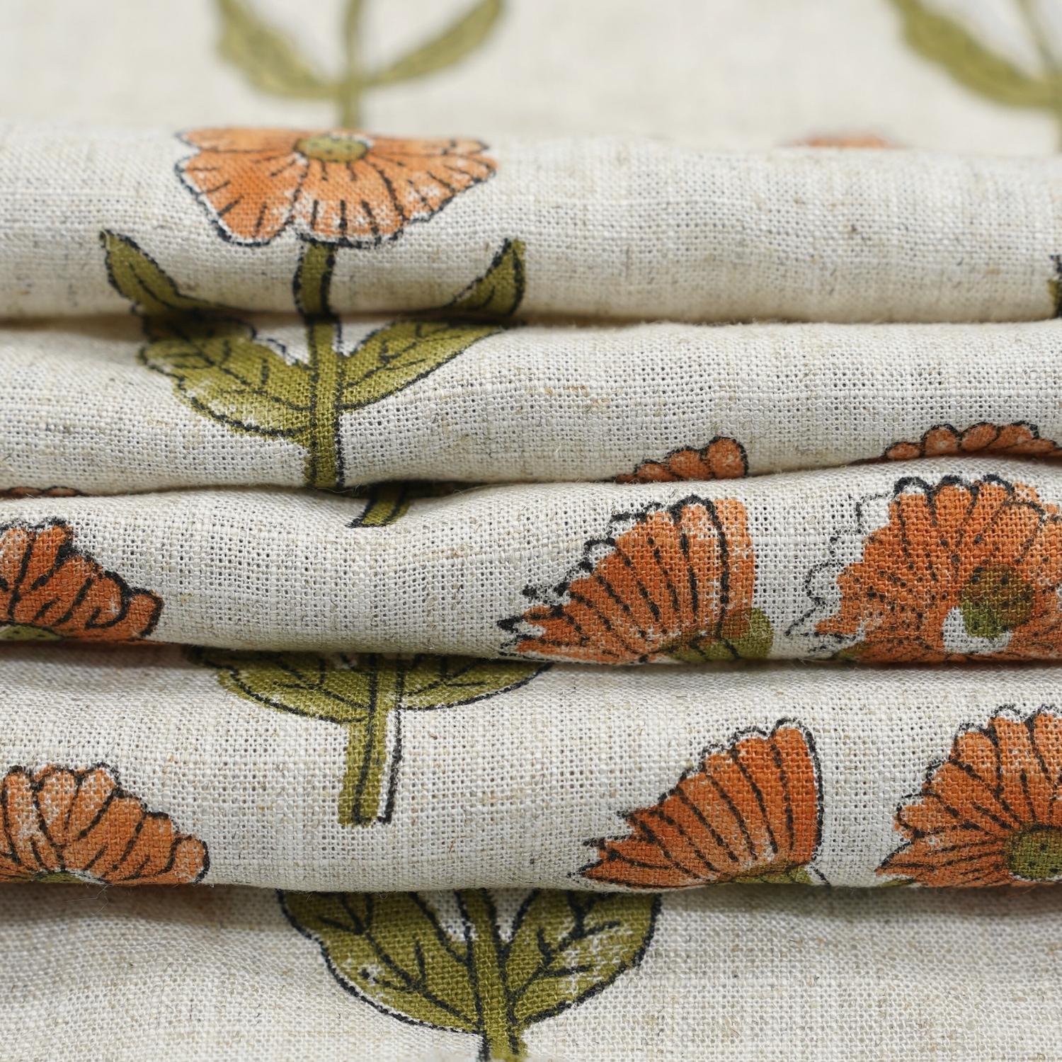 HAND BLOCK PRINTED VISCOSE LINEN FABRIC ORANGE & GREEN FLORAL DESIGN - KIRTI