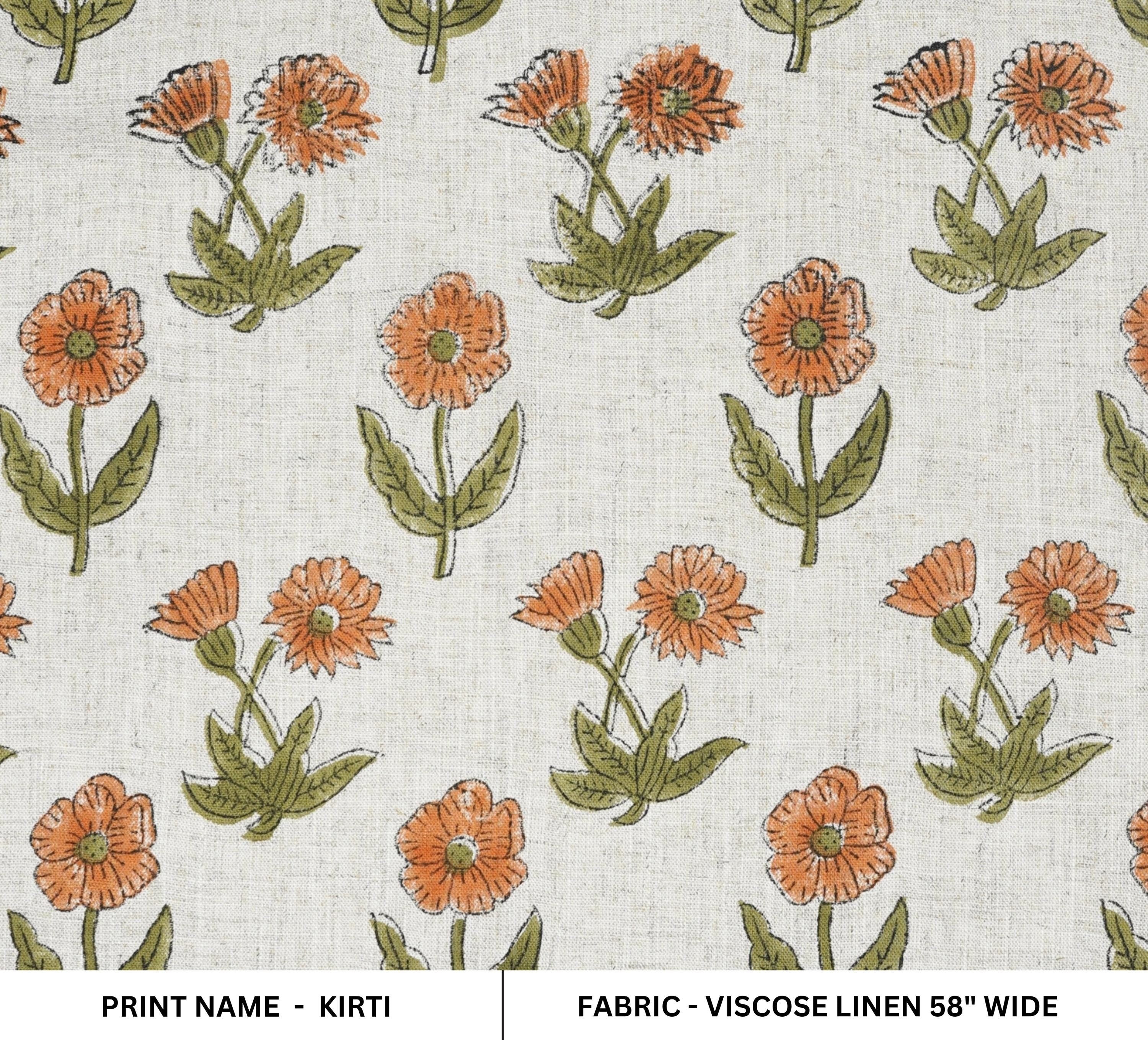 HAND BLOCK PRINTED VISCOSE LINEN FABRIC ORANGE & GREEN FLORAL DESIGN - KIRTI